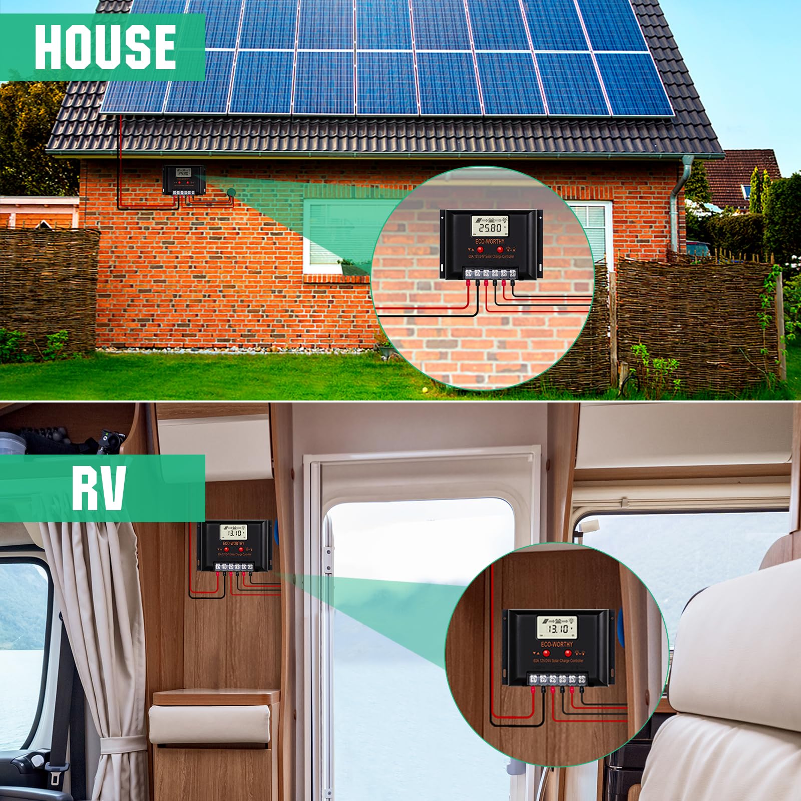 ECO-WORTHY Regolatore di carica solare 12 V/24 V 60 A con display LCD per batterie SALE/GELLI/FLD, protezione intelligente del modulo multi-carico max. 2000 W per camper / casa/fattoria