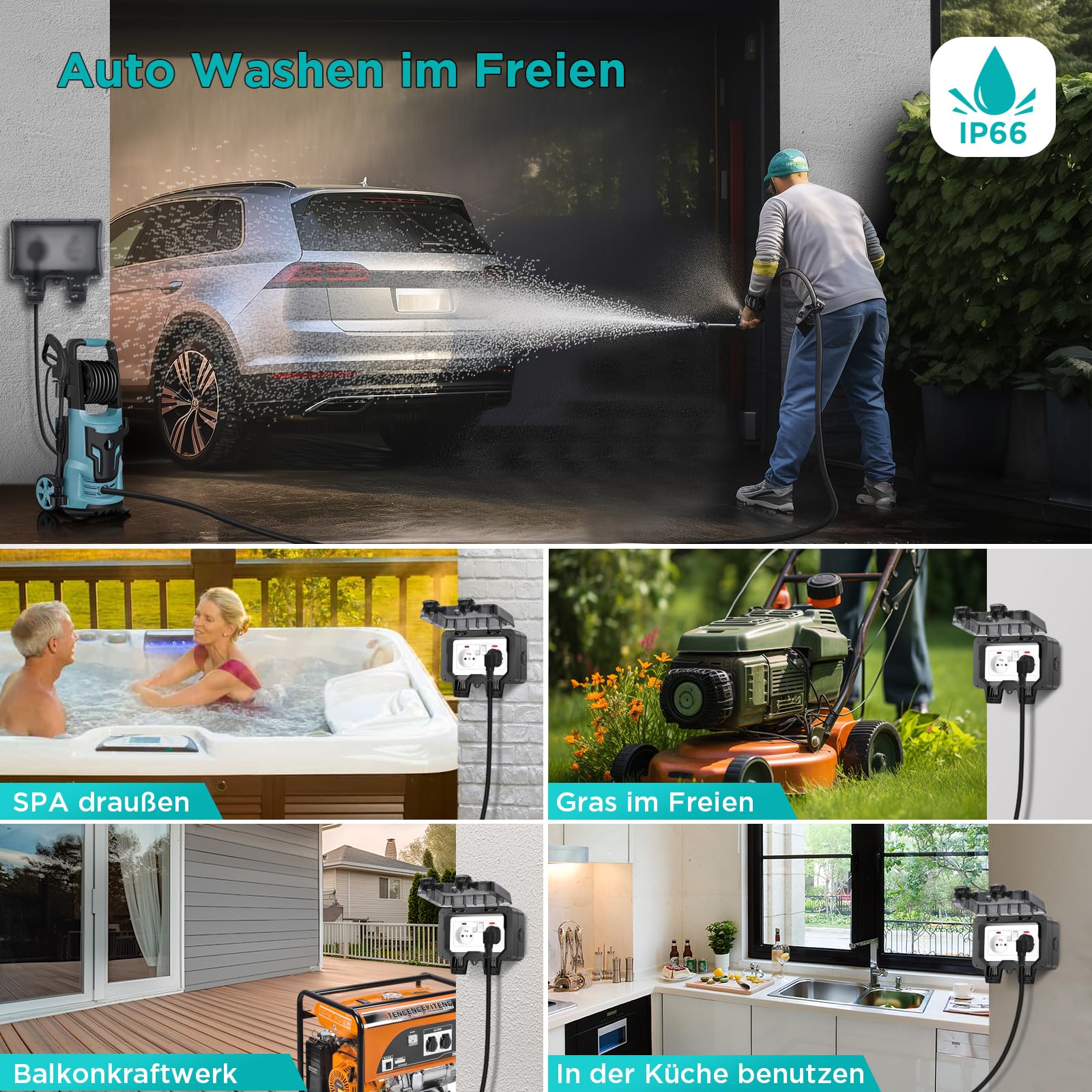 Presa esterna Presa impermeabile esterna IP66 con interruttore spia luminosa,Presa esterna sporgente Giardino esterno Presa a muro con coperchio pieghevole bloccabile doppia presa nera
