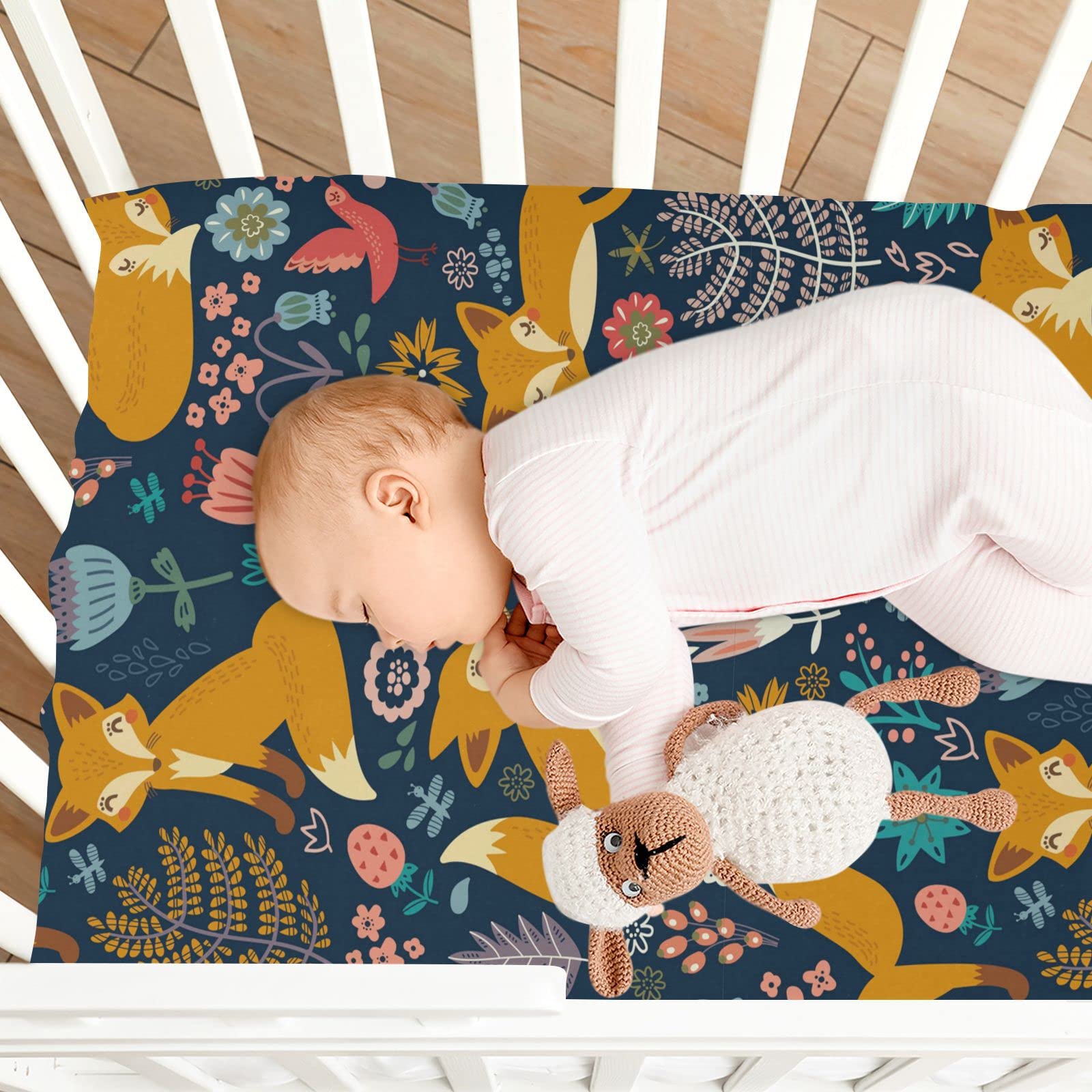 Spannbettlaken für Kinderbett, niedliches Fuchsmuster, weich, atmungsaktiv, pflegeleicht, Spannbetttuch für Babybett und Kinderbetten