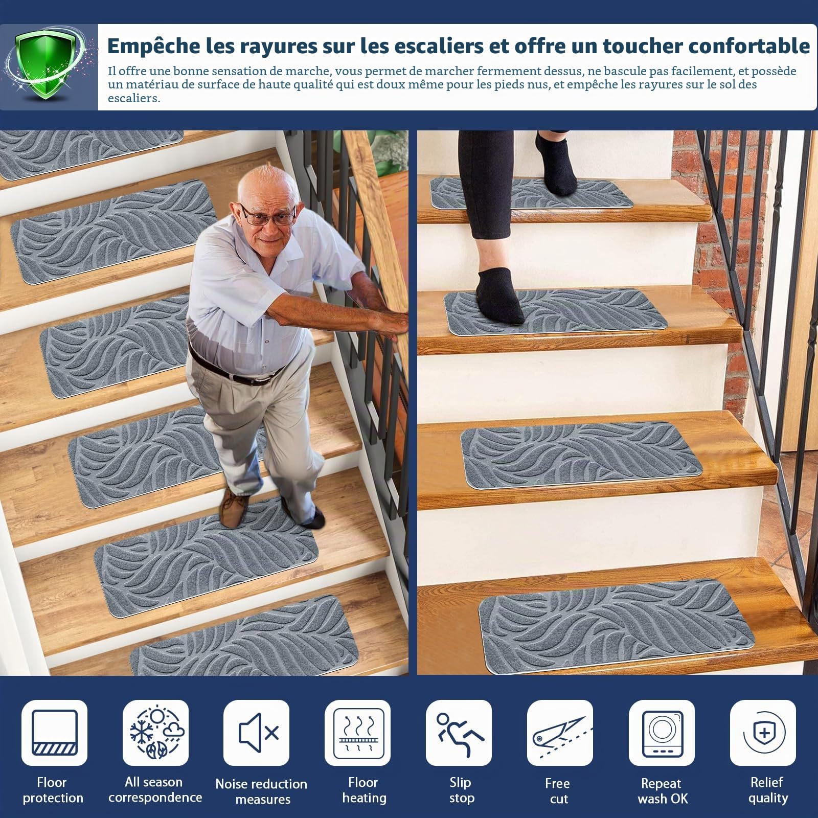 Lot de 7/15 tapis d'escalier antidérapants pour marches en bois – 55 x 18 cm – Auto-adhésif – Tapis de couloir d'intérieur de sécurité pour enfants, personnes âgées et chiens