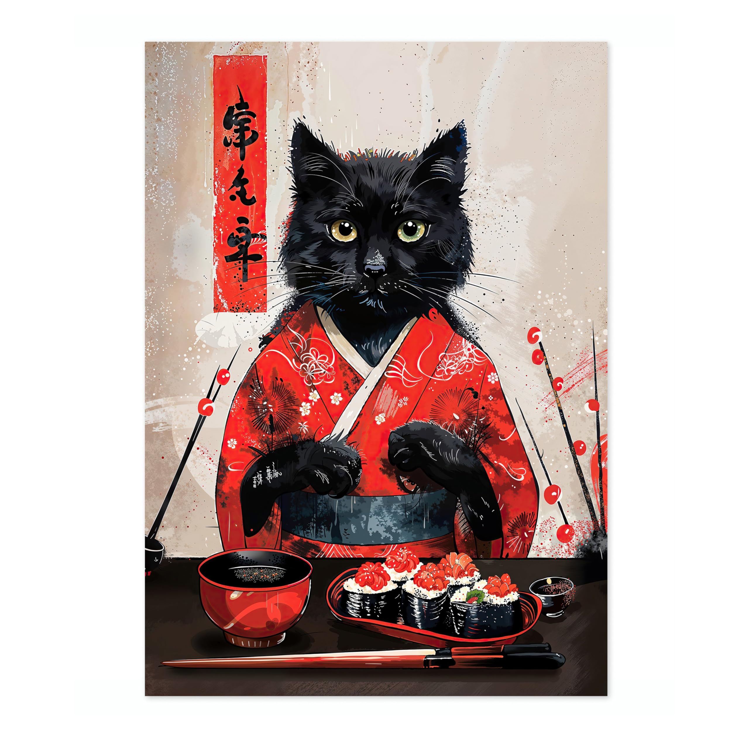 Sushi Cat Anime Woodblock Poster Modern Woodblock Print, Cartoon Manga Kitten Wall Art Decor, Modern Japanese, Cat Lovers, A3 (Print Only) - 42x29.7cm