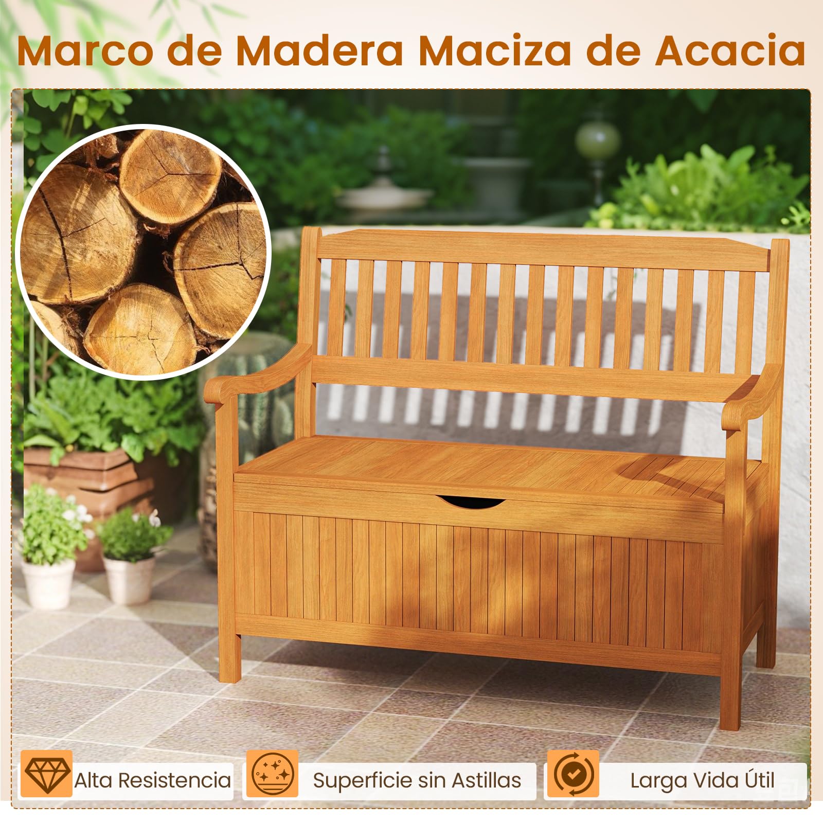 COSTWAY Banco Madera Acacia para Exterior, Banco Jardin Exterior con Almacenamiento, Banco Arcón para Entrada con Revestimiento, Banco de Madera para Patio Jardín 107 x 59 x 107cm (Con Almacenamiento)