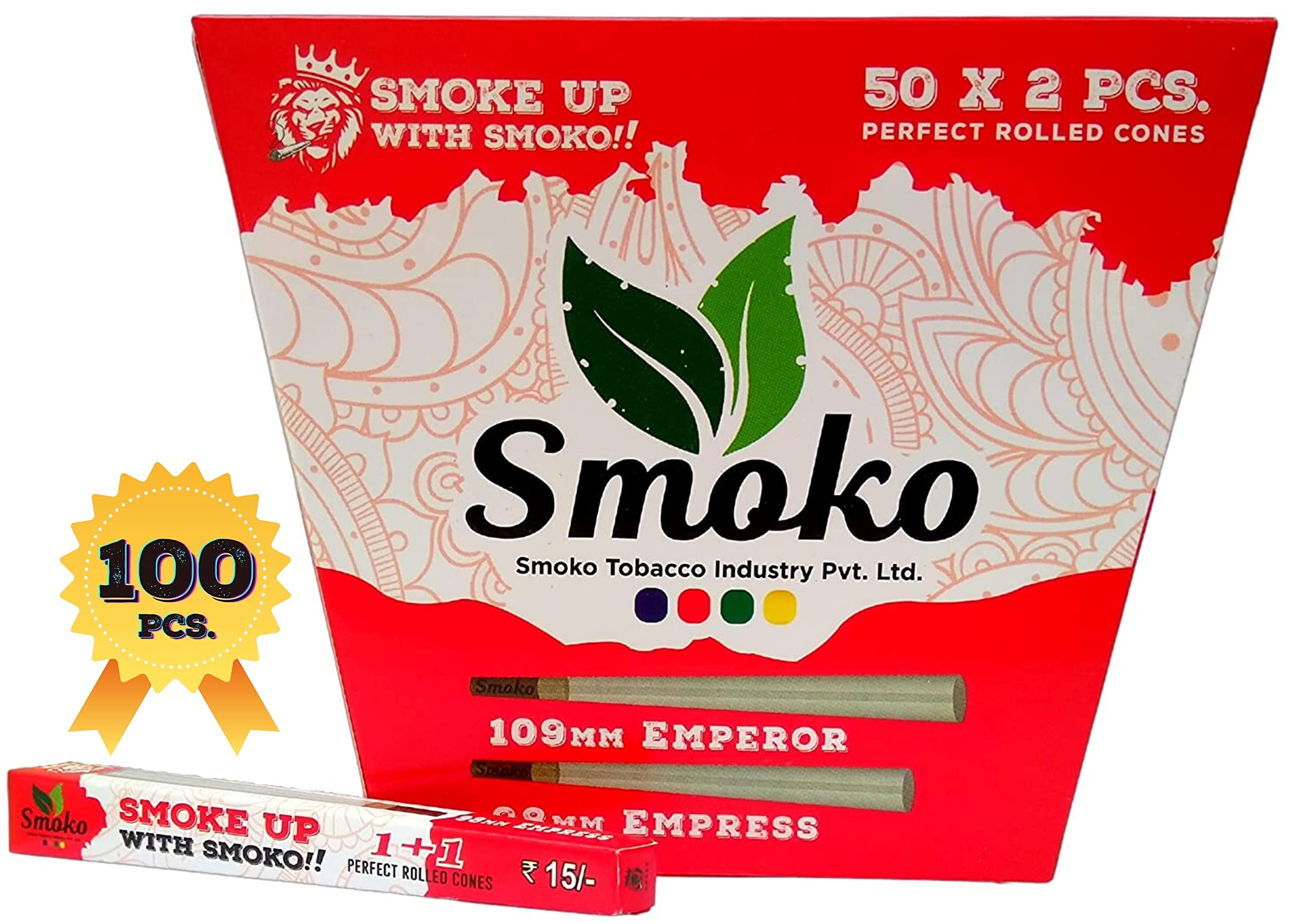 Smoko Rolling Papers | Classic King Size 109 & 98 mm | 50x2 = 100 Pcs. Perfect Rolled Cones | Pre Rolled Cones | Smoking Paper | Red Box | Brown (Unbleached)