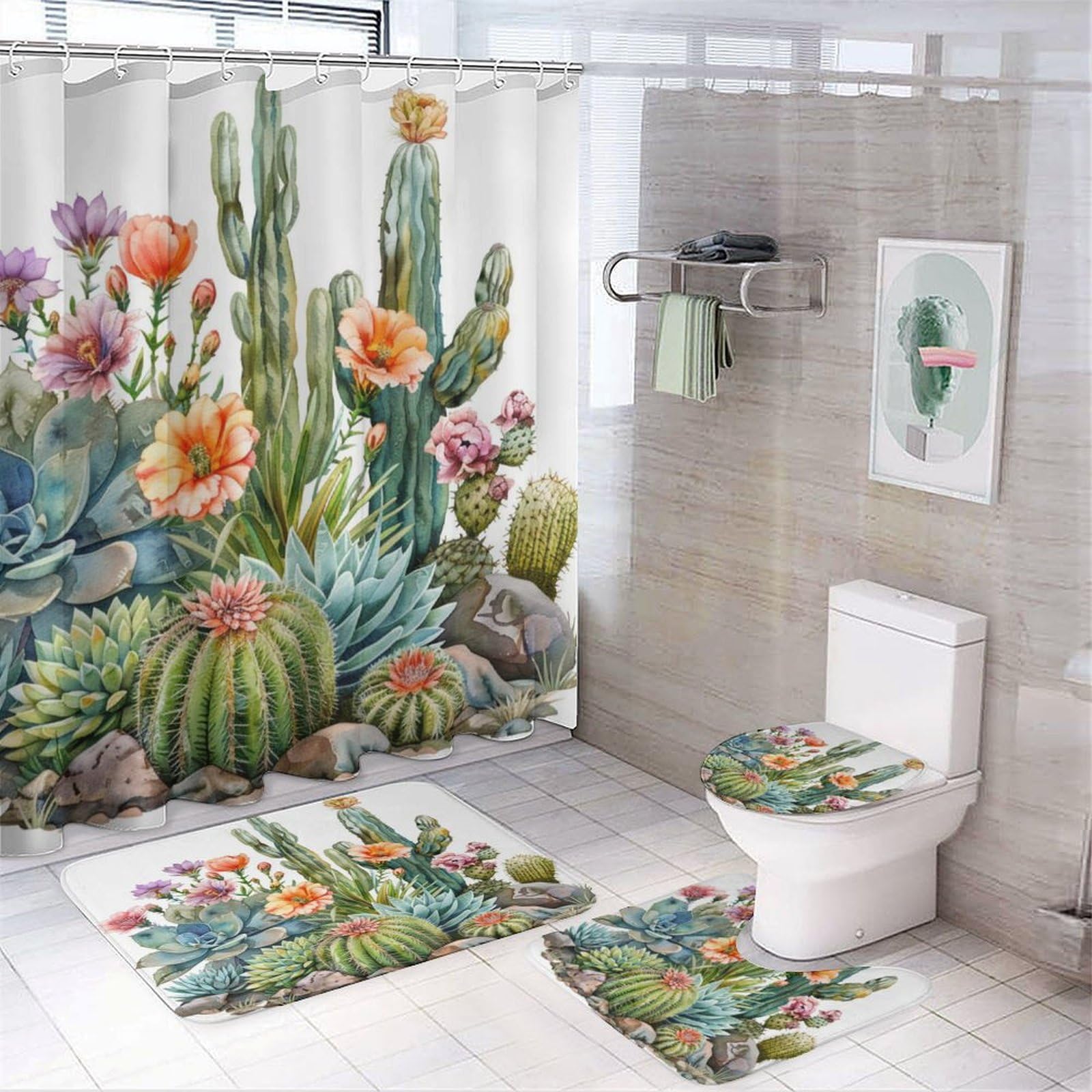 Amazon.com: TOWINSFB 4Pcs Cartoon Succulent Cactus Shower Curtain Sets  Bathroom Decor, Cute Plant Floral Botanical Shower Curtain with Non Slip  Rug, Toilet Lid Cover, Bath Mat and 12 Hooks 72W x 72L :