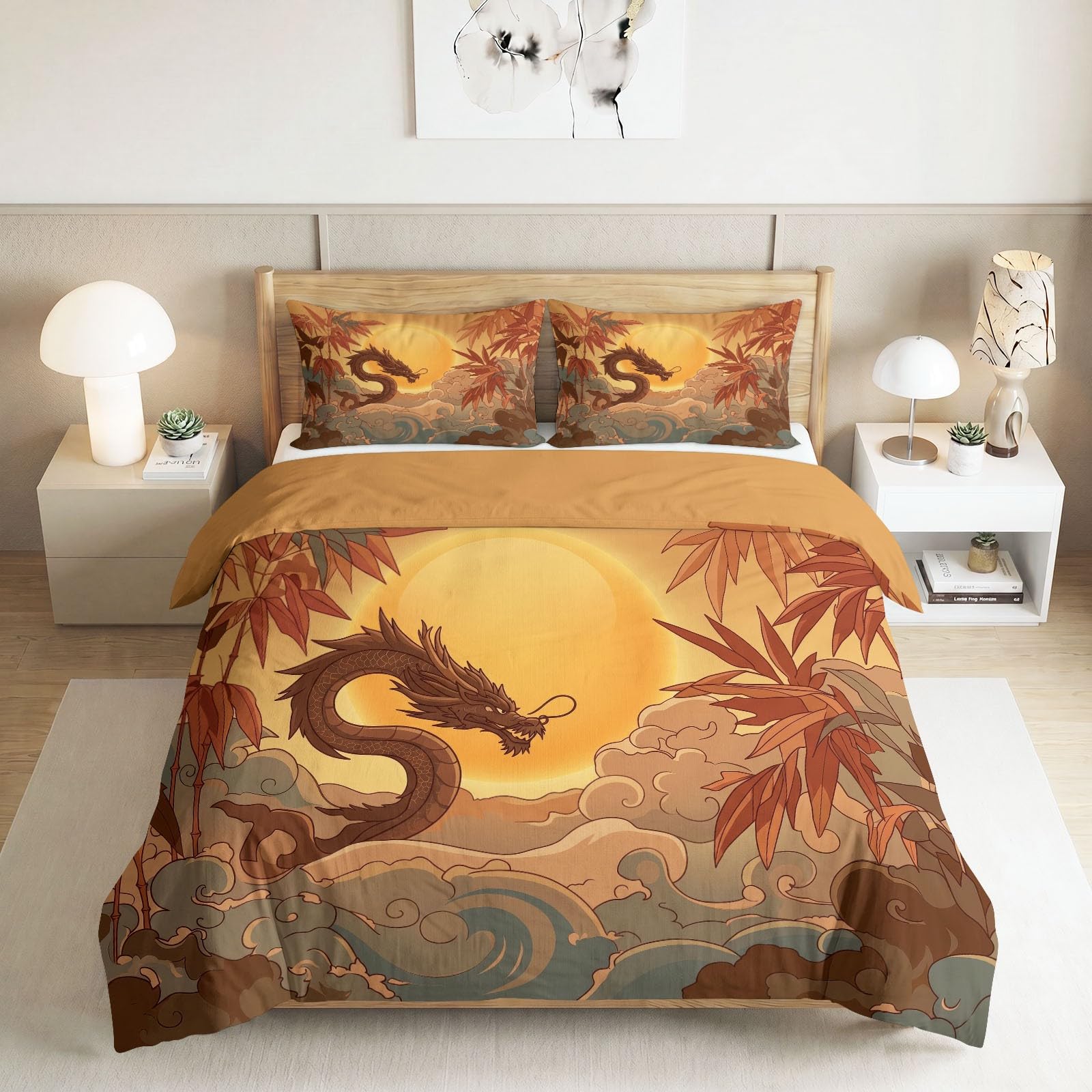 Generisch Bettwäsche Set 3-teilig 200 x 200 cm, Chinesischer Stil Orientalisch Kinderbettwäsche Mikrofaser mit Reißverschluss - Bettbezug Drache Sonne für Jungen Mädchen Hellgelb Bettwaren