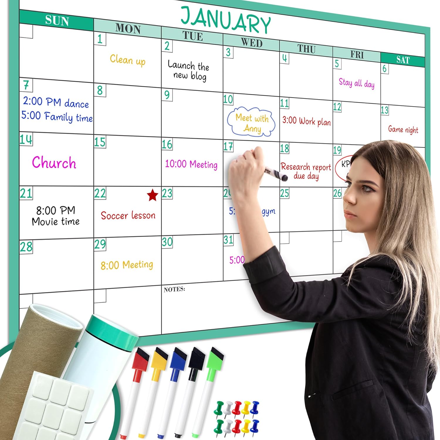 Dry Erase Monthly Extra Large White board Calendar for Wall 36" by 24", Undated 1 Month Layout Wall Calendar Erasable & Reusable Laminated Calendar, No Bubbles and Creases, Large Blank Poster Great Layout