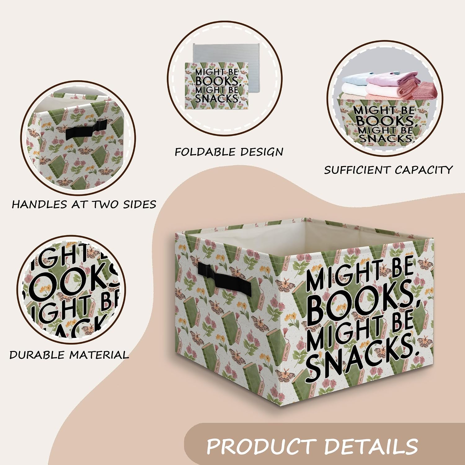 Funny Book Snack Foldable Storage Bins Box with Handles Decor, Might Be Books Might Snacks Collapsible Organizer Basket for Gifts Reading Room Kids Nursery Bedroom Playroom Toys Books