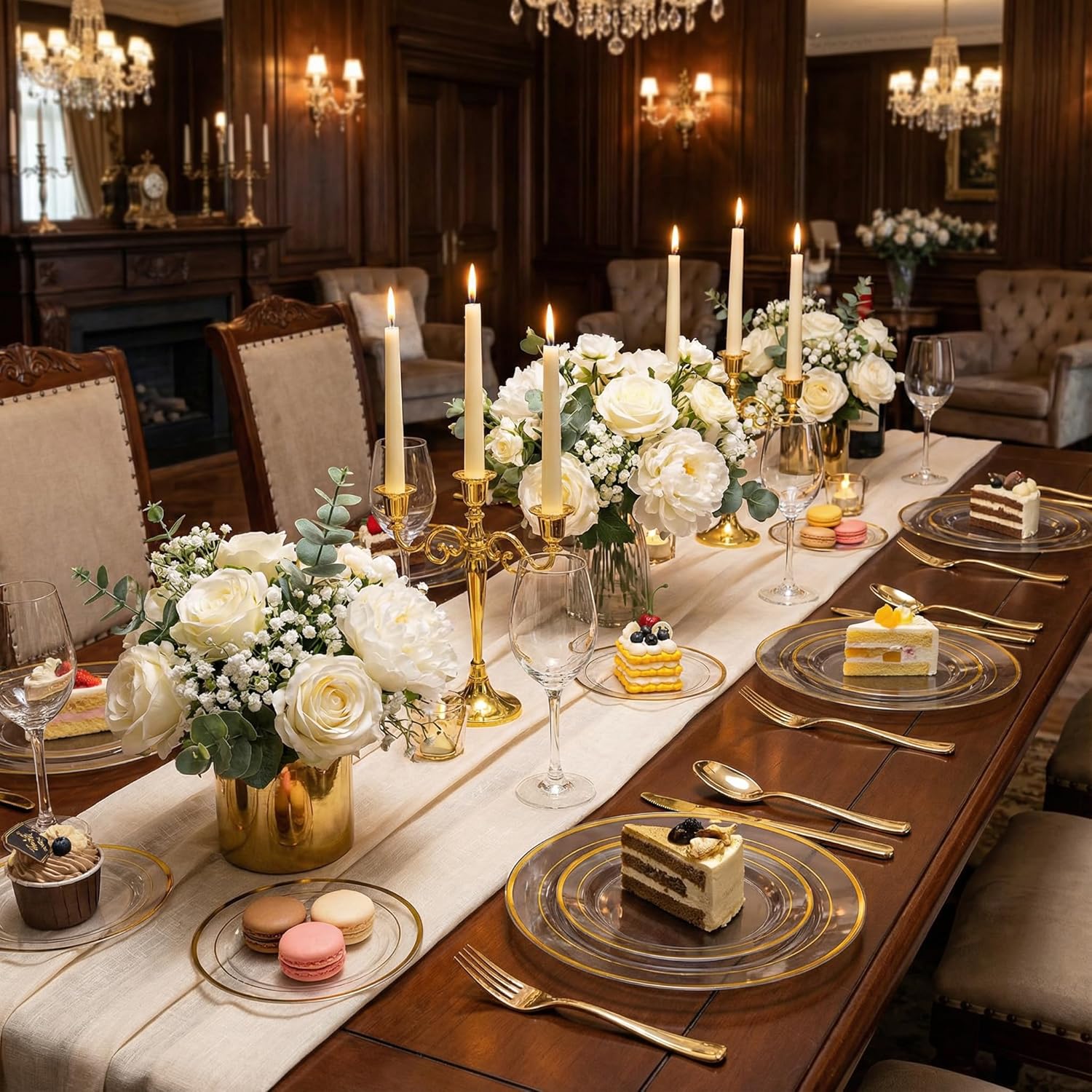 I00000 100PCS Clear Gold Plastic Plates, Clear Dinner Plates with Gold Rim 10 Inch, Fancy Disposable Wedding Premium Plastic Plate for Wedding & Party - Image 2