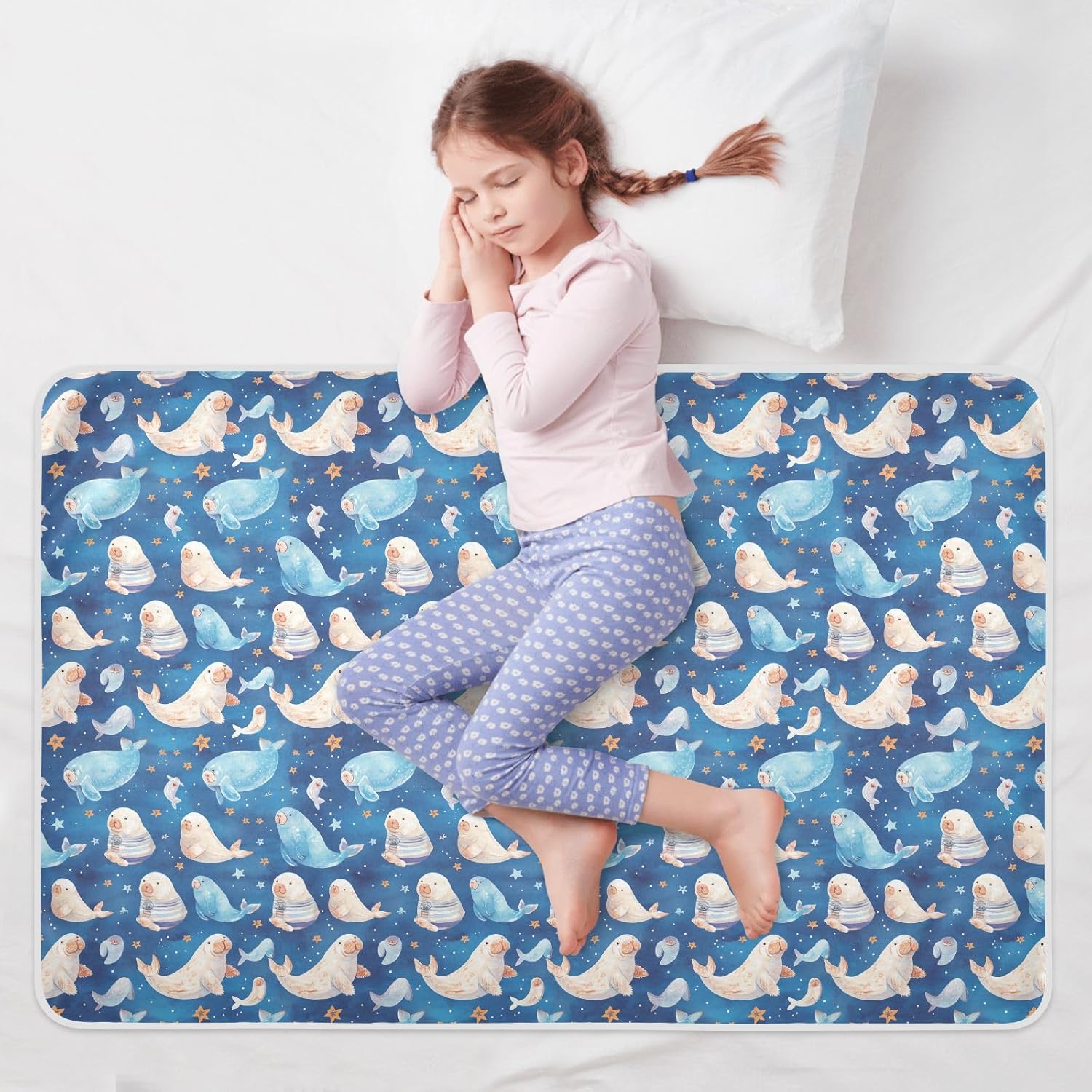 Blue Sea Animals Extra Large Resuable Toddler Mattress Pads Soft Absorbent Baby Diaper Changing Pad Slip-Resistant Diaper Pads for Toddler Kids, 52" L x 34" W