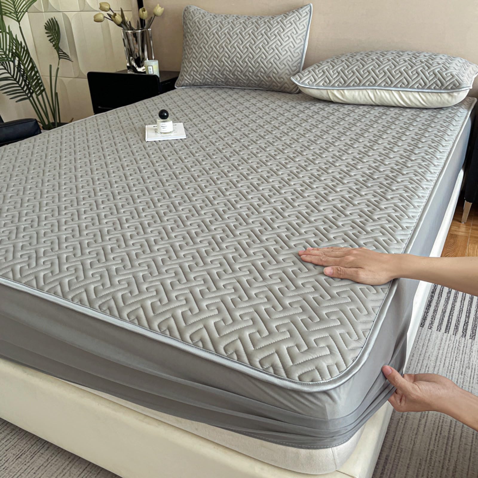 Cómoda y Transpirable,Juego de sábanas ajustables y fundas de almohada de látex de seda fría de verano, protector de colchón de color sólido de seda fría lavable, gris, 180 x 200 cm (3 piezas)