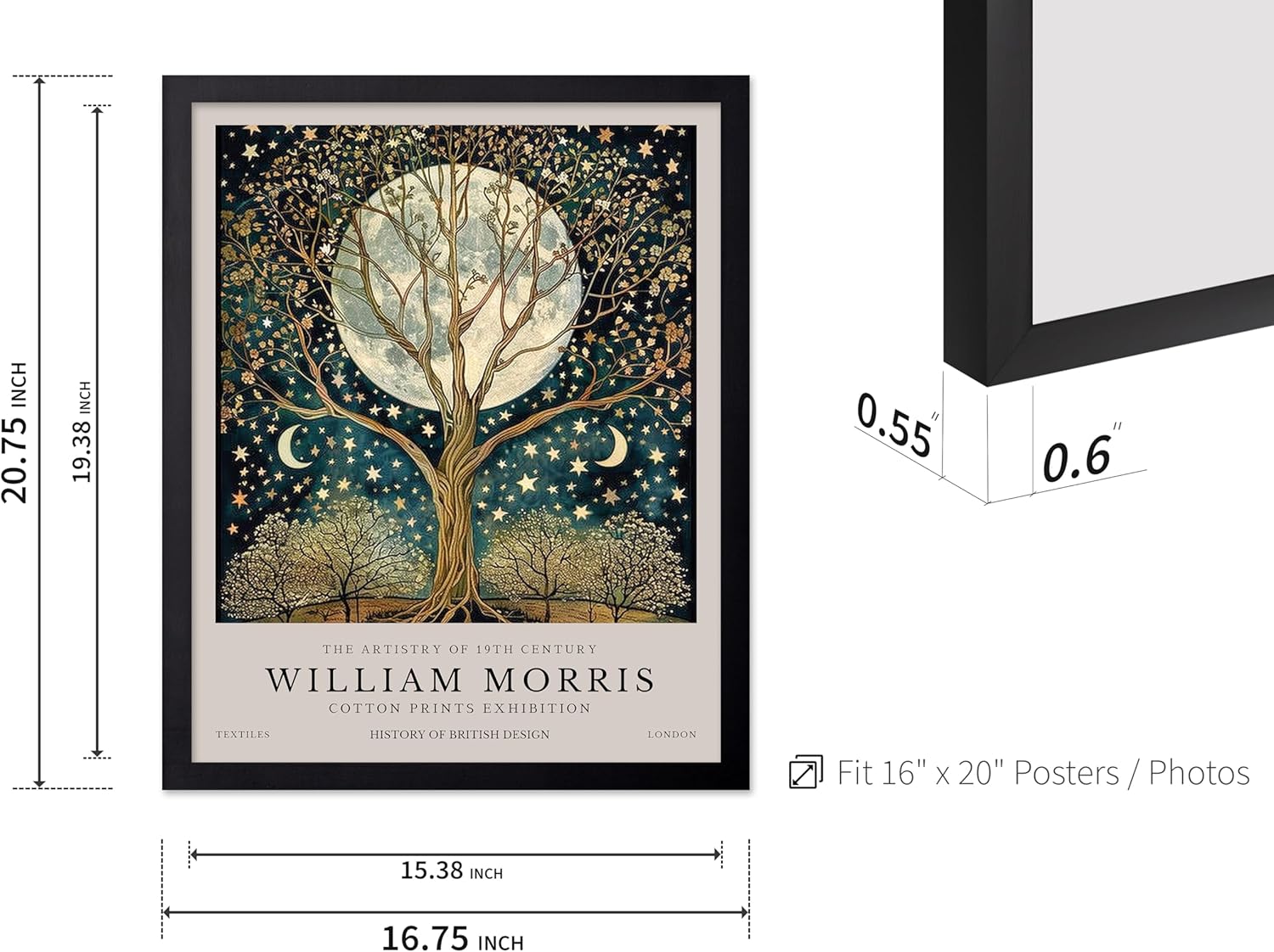 Monem Art William Morris Poster - Tree of Life Print - Moon & Stars Art - Flower Illustration - Textile Design - Floral Design - Great Bedroom Decor - 16x20 Black Framed