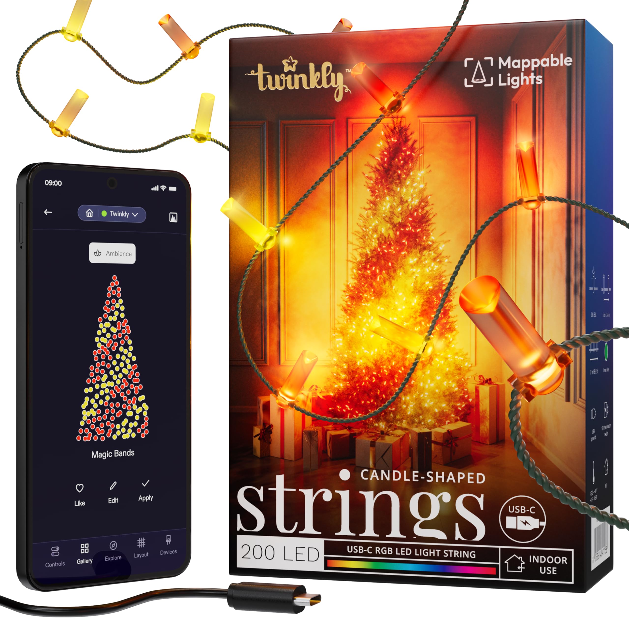 Twinkly Candies App-Controlled Candle-Shaped LED Light String with 200 RGB (16 Million Colors) LEDs. 5 Meters / 16.4 Feet. Green Wire. USB-C-Powered. Indoor Smart Home Lighting Decoration