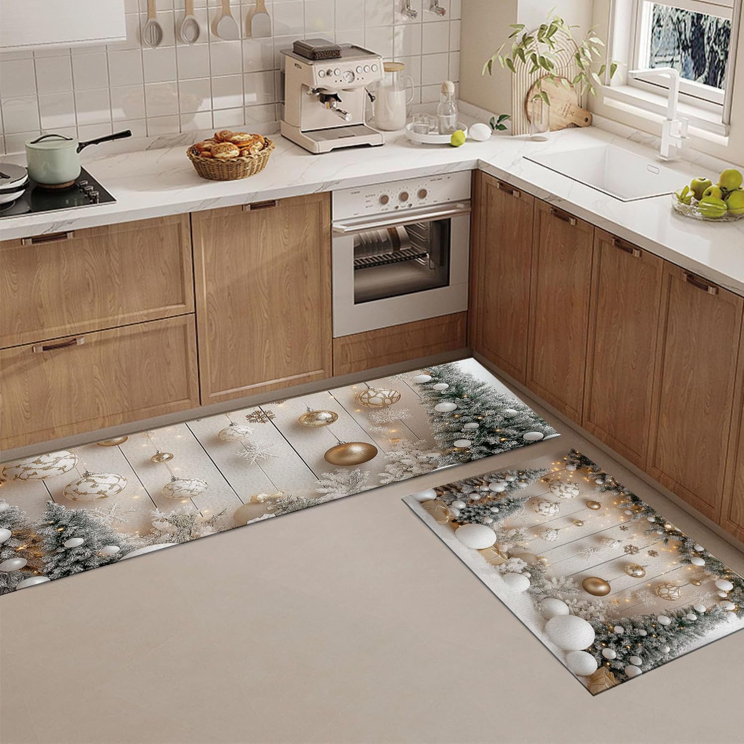 Set di 2 Tappeti da Cucina Sfondo Natalizio, Tappetini da Cucina Lavabili, Runner Antiscivolo Tema Del Festival Tappetino Assorbente per Ingresso, Beige,