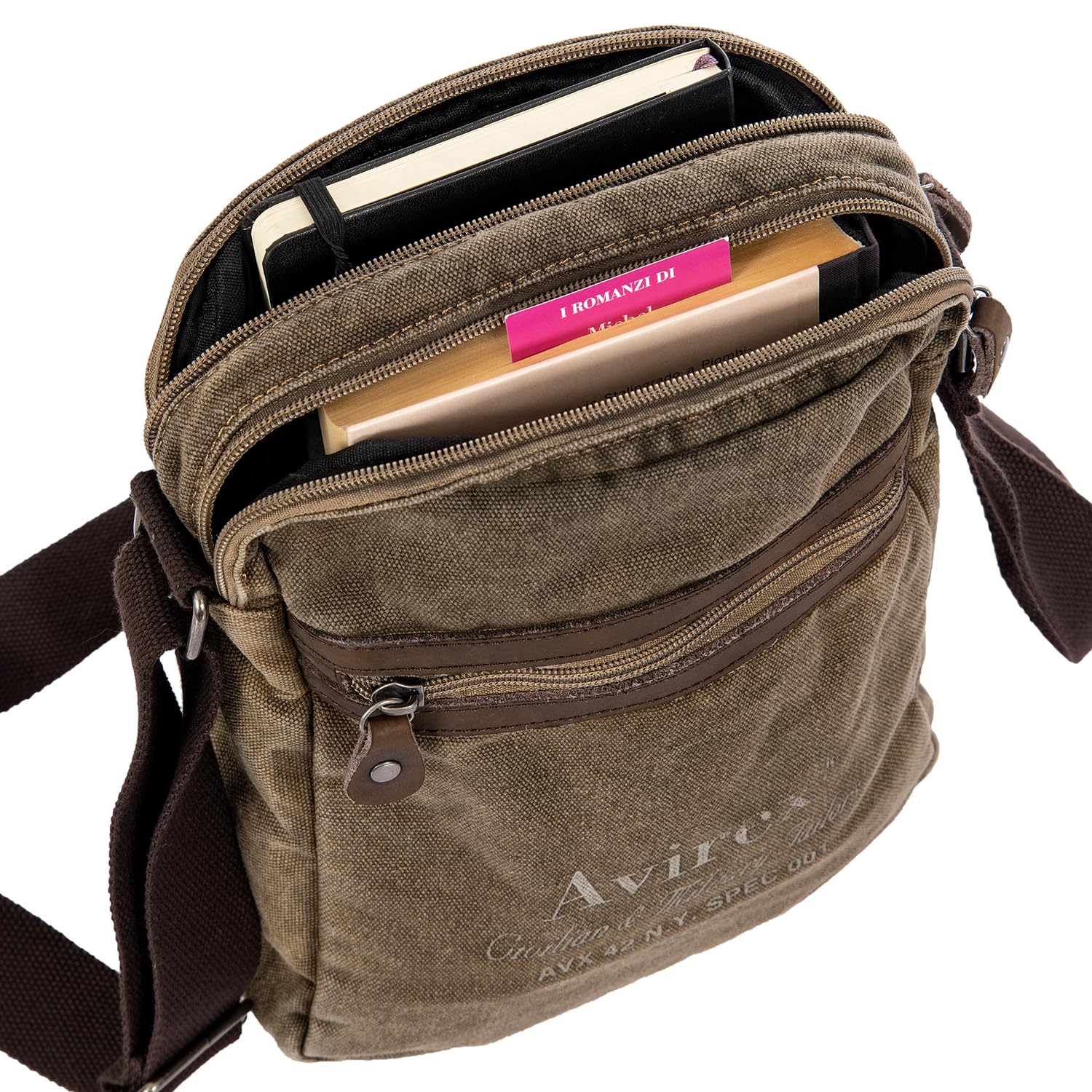 Avirex Borsello a Tracolla in Canvas e Pelle Bovina Anticata, Borsa a Tracolla Uomo in Stile Militare, Collezione 140506 CNV0H (Verde Kaki)