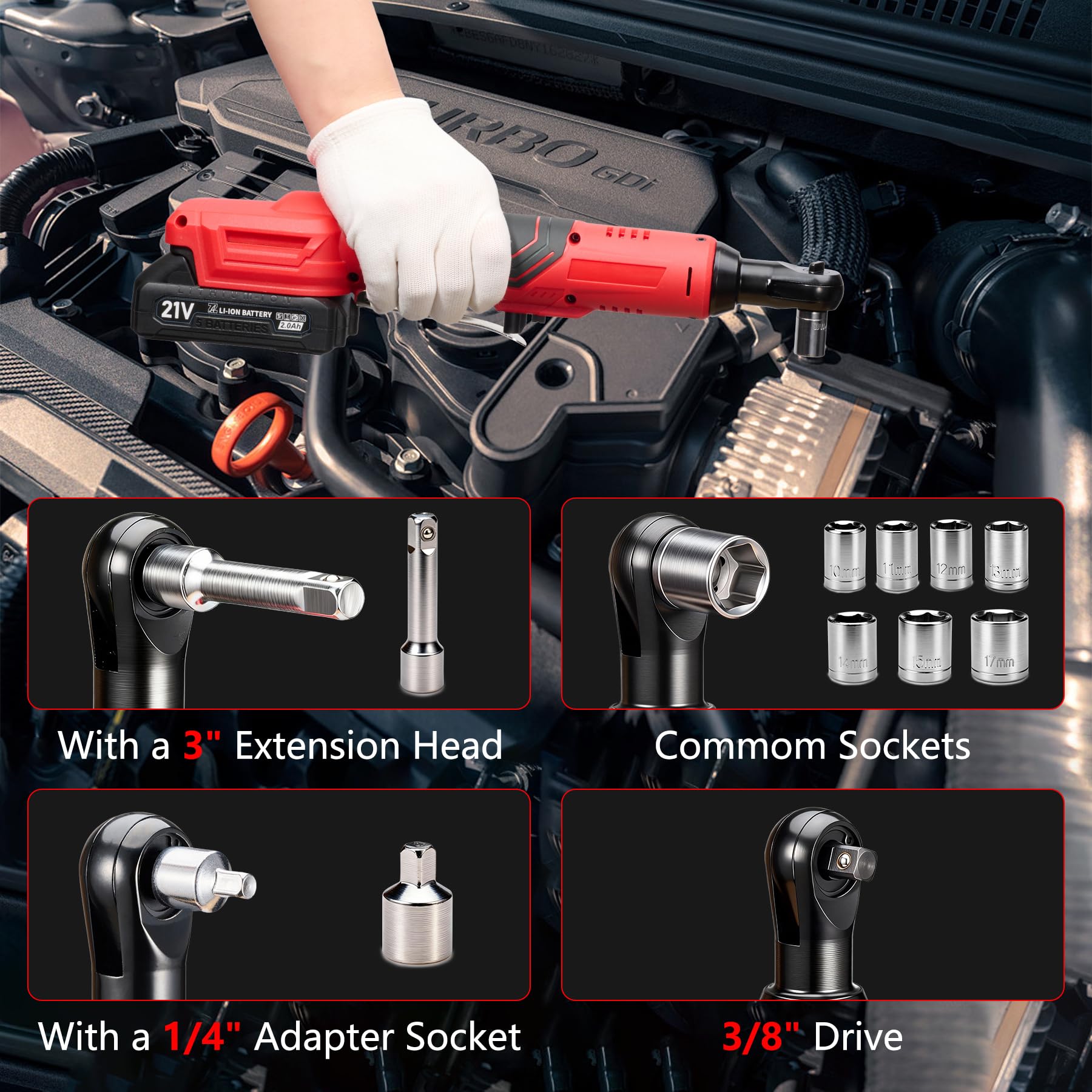 Clé à Cliquet Sans Fil 3/8", Cliquet Électrique 85Nm avec 2 Batteries 2.0Ah, 220 tr/min, Jeu de 7 Douilles et Adaptateurs, Outil Idéal pour Réparations Automobiles et Montage