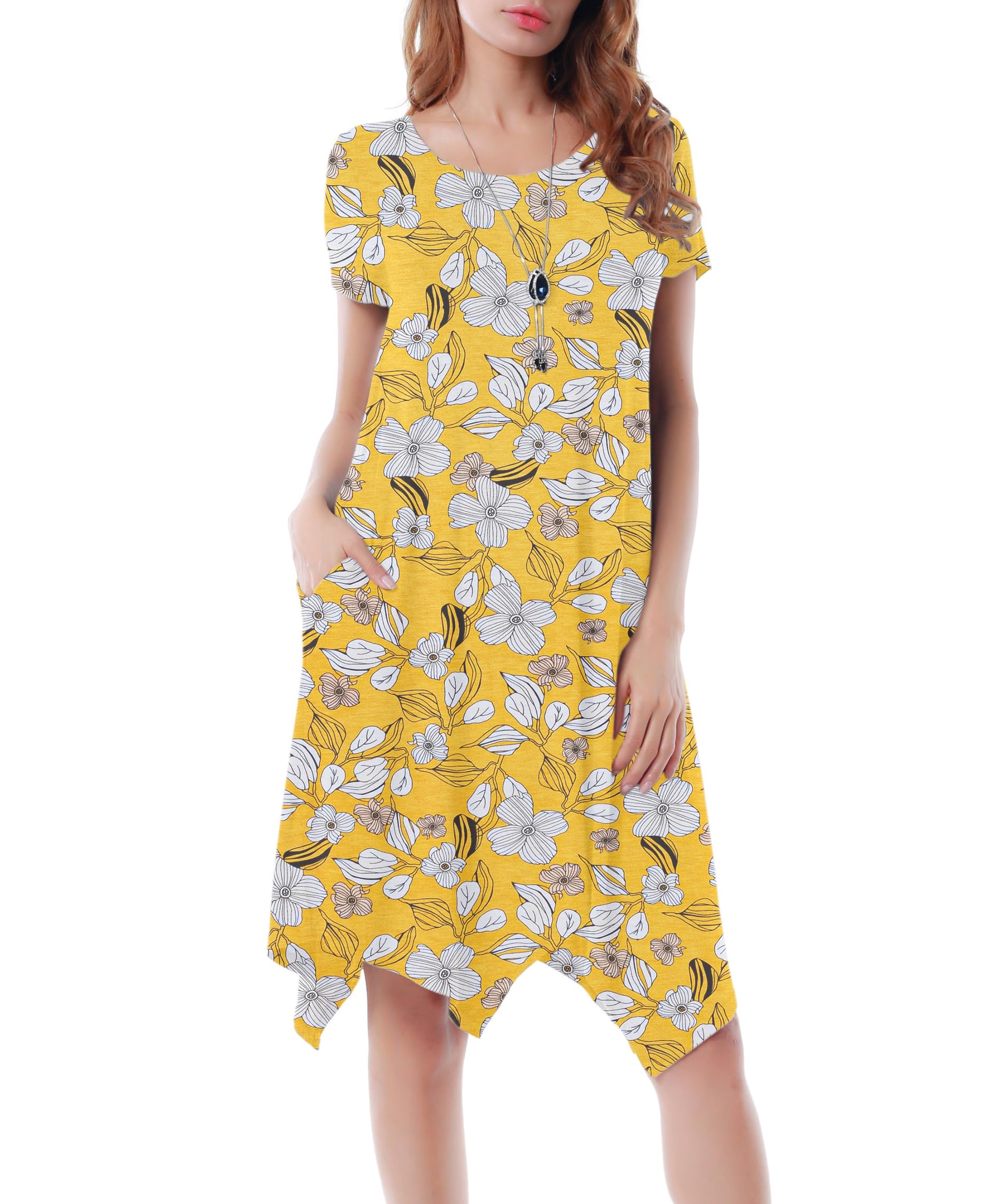 Women Casual Loose Soft Crewneck Short Sleeve Pockets Swing T-Shirt Dress