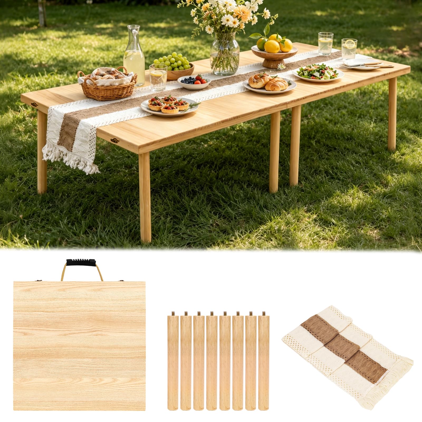 Photo 1 of MLLNFUE Folding Wooden Picnic Table with Runner, 60"x30" Boho Portable Low Table for Floor Seating, Indoor Outdoor Picnic Table for Camping, Beach, Backyard, BBQ & Party (Seats 6)