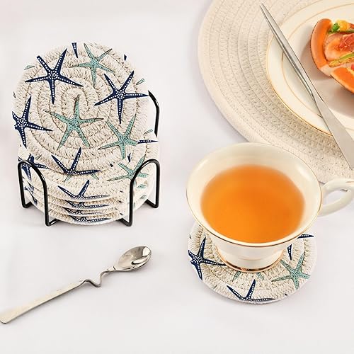 Vista 16 de Juego de 6 posavasos para bebidas con soporte, diseño retro de estrella de mar y estrella de mar, juego de 6 posavasos decorativos absorbentes