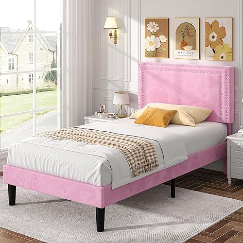 Miniatura 187 de VECELO Base de cama de tamaño matrimonial con cabecera tapizada ajustable, plataforma de listones de madera, diseño sin ruido, fácil montaje Negro