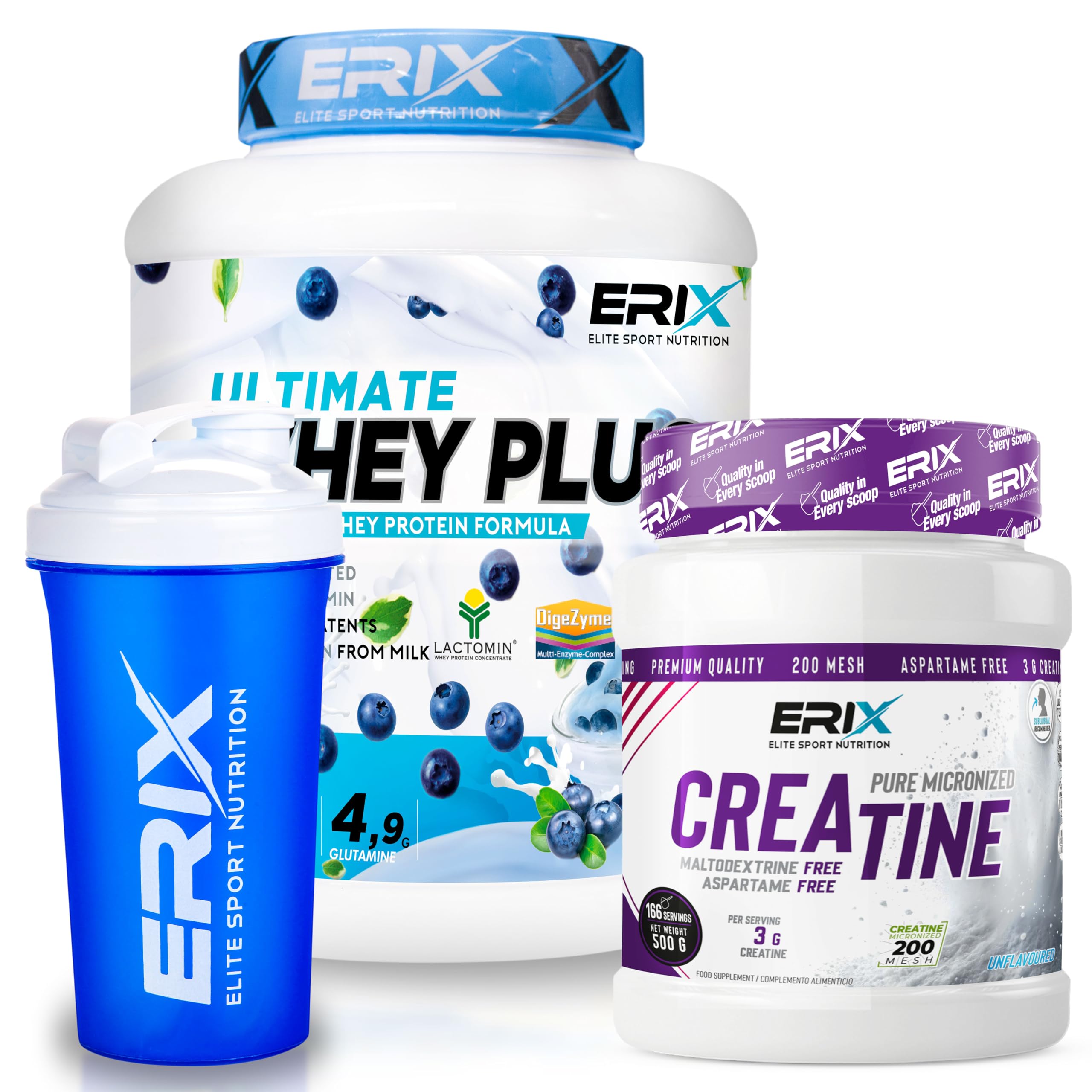 ERIX Nutrición Pack Whey Plus Ultimate 2Kg, Sabor Yogur Griego con Arándanos+ Creatina Monohidrato Neutra 500g+ Shaker Azul, Proteína Concentrada de Suero Leche, Aumento Fuerza, Recuperación Muscular