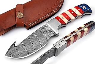 Damascus Gut Hook Skinning hunting Knife With Leather Sheath- Best Damascus Steel American Flag Hunting Knife - zZZ