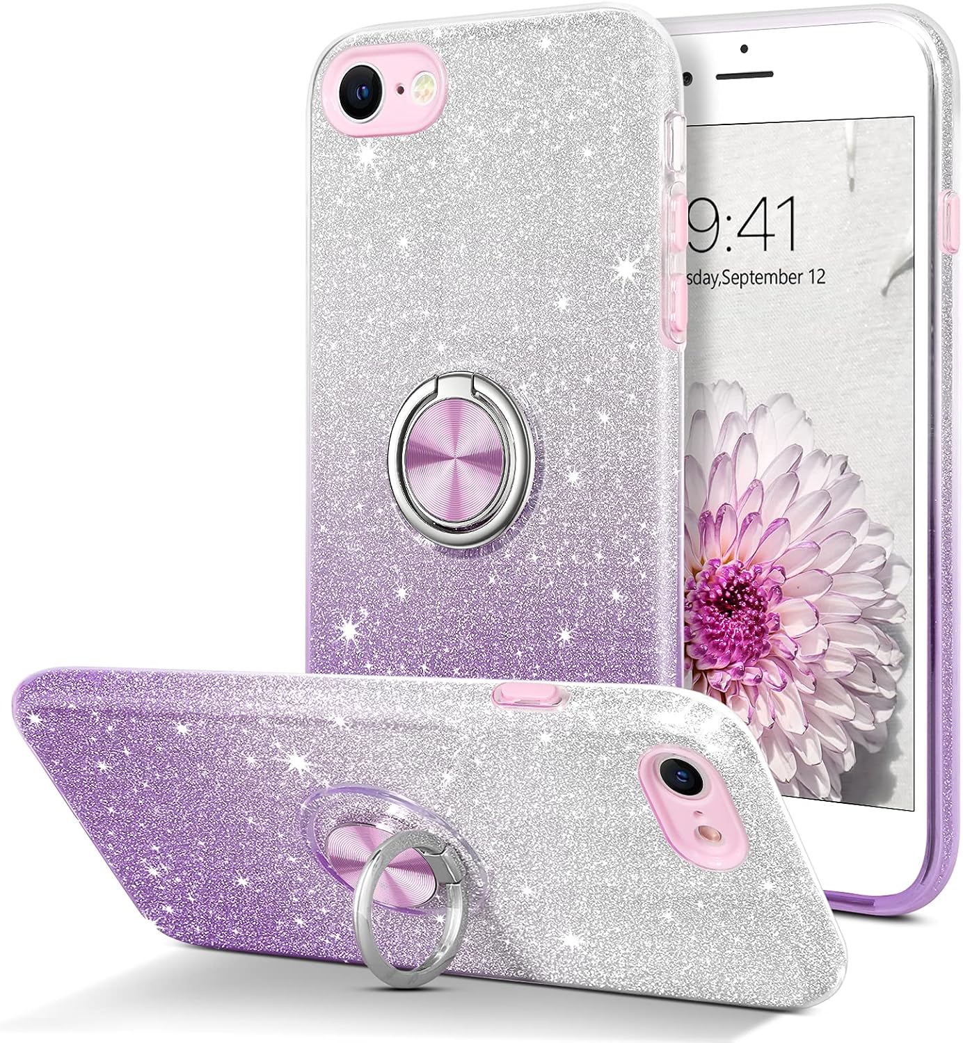 BENTOBEN iPhone SE Case 2022/2020 Case, iPhone 8 Case, iPhone 7 Case, Slim Fit Glitter Case with 360° Ring Holder Kickstand Magnetic Car Mount Supported Protective Cover for iPhone 8/7/SE 3/2, Purple