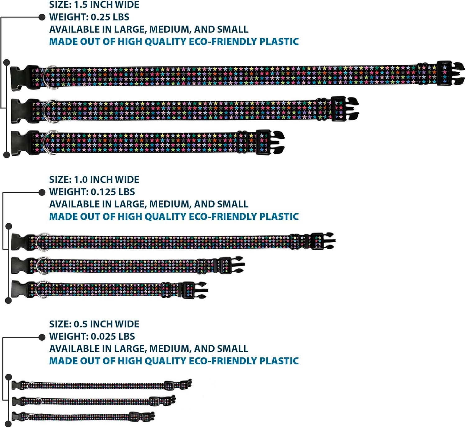 Buckle-Down Plastic Clip Collar - Mini Stars Black/Multi Color - 1.5" Wide - Fits 13-18" Neck - Small