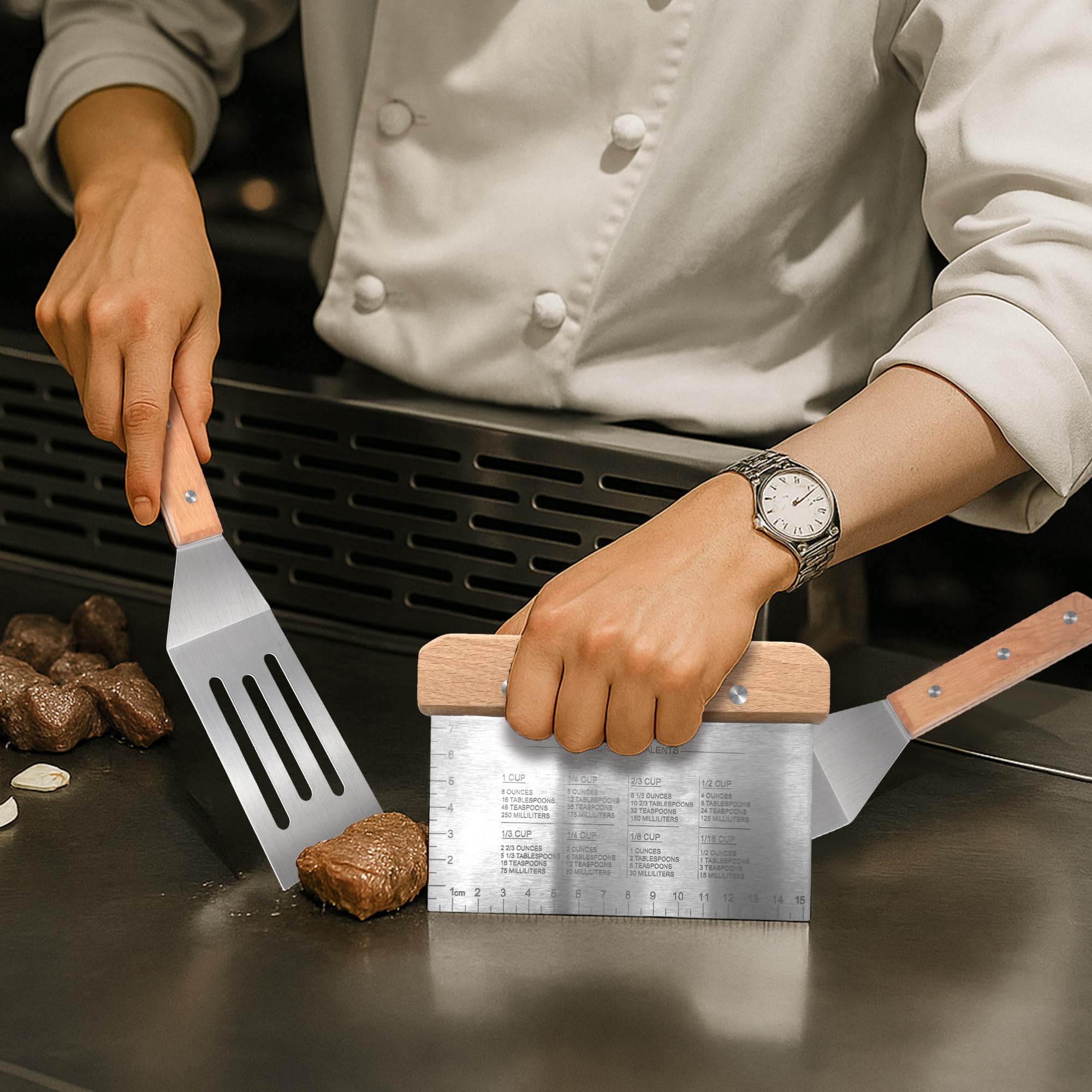 Juego de 4 espátulas de metal de acero inoxidable, espátulas Teppaniyaki, espátula plana, aleta para panqueques, utensilios de metal ideal para barbacoa, parrilla plana, accesorios de plancha 6