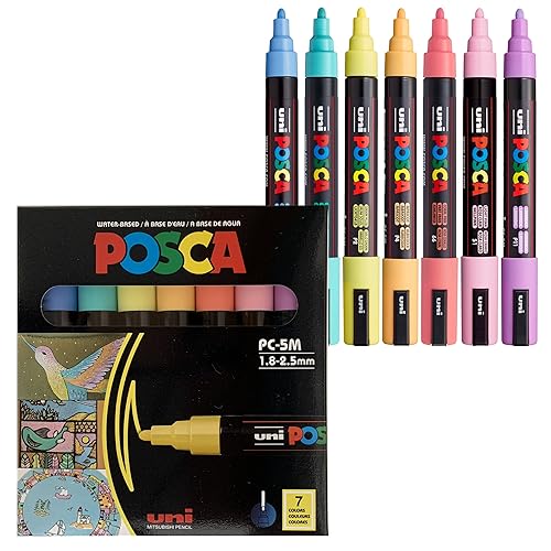 7 Pastel Posca Paint Markers, 5M Medium Posca Markers with Reversible Tips, Acrylic Paint Pens | Posca Pens for Art Supplies, Fabric Paint, Fabric Markers, Paint Pen, Art Markers - Multicolor - Single Item
