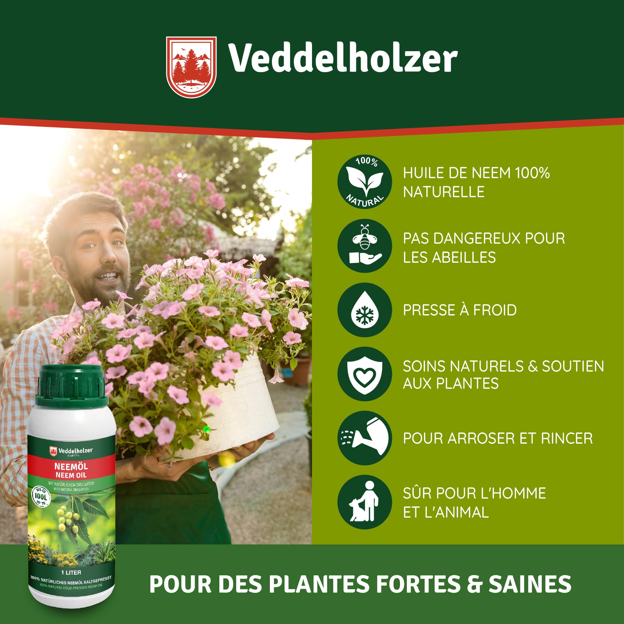 Veddelholzer 1000 ml d'huile de neem de qualité supérieure pressée à froid 100% naturelle, kit complet avec émulsifiant naturel + flacon pulvérisateur de 500 ml et 2 verres doseurs pour l'entretien