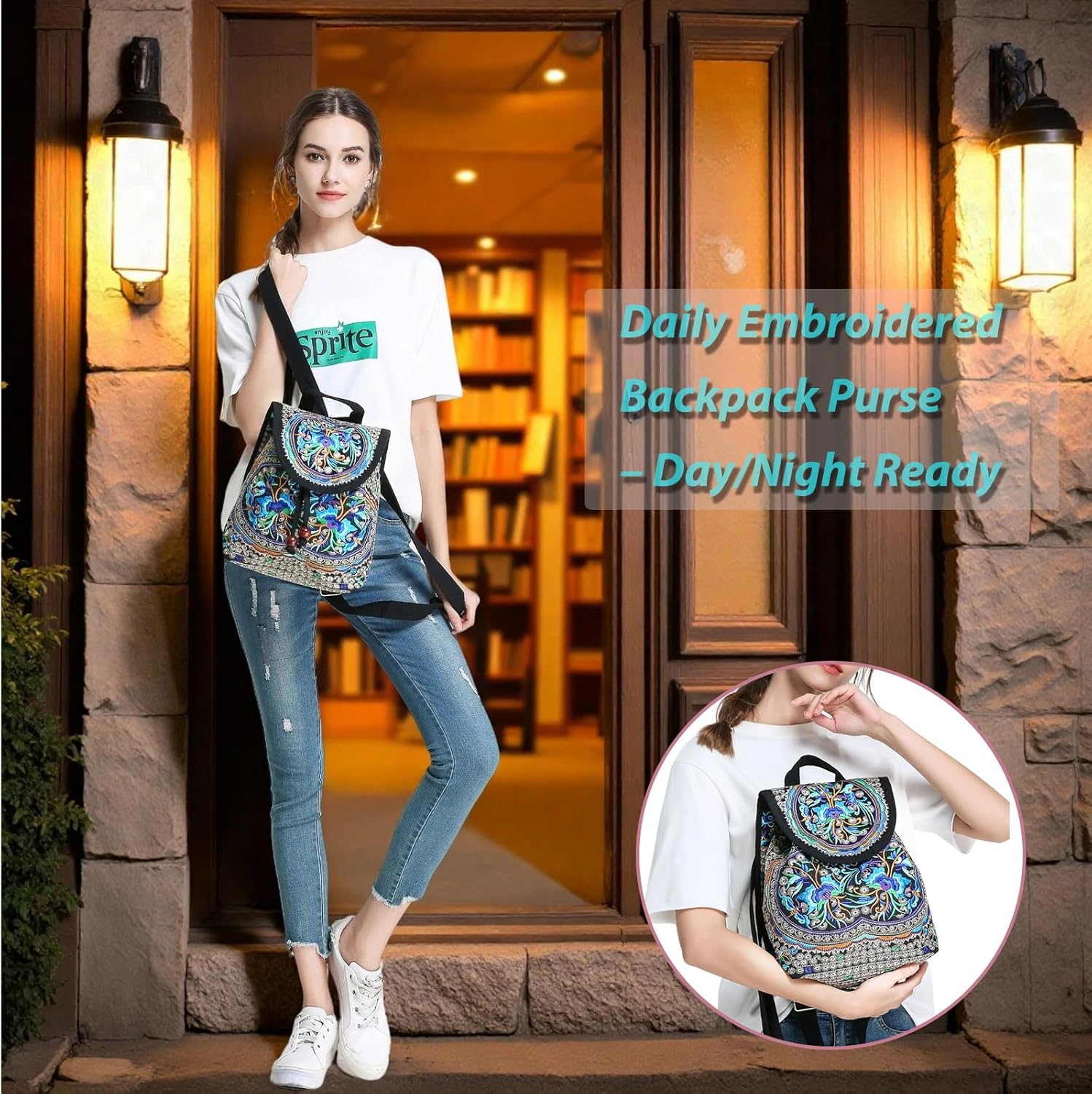 Goodhan Vintage Embroidered Backpack Purses for Women - Boho Shoulder Bag for Travel,Ethnic Floral Mini Back Pack,Lightweight Handbags for Daily Use (Blue) - Image 8