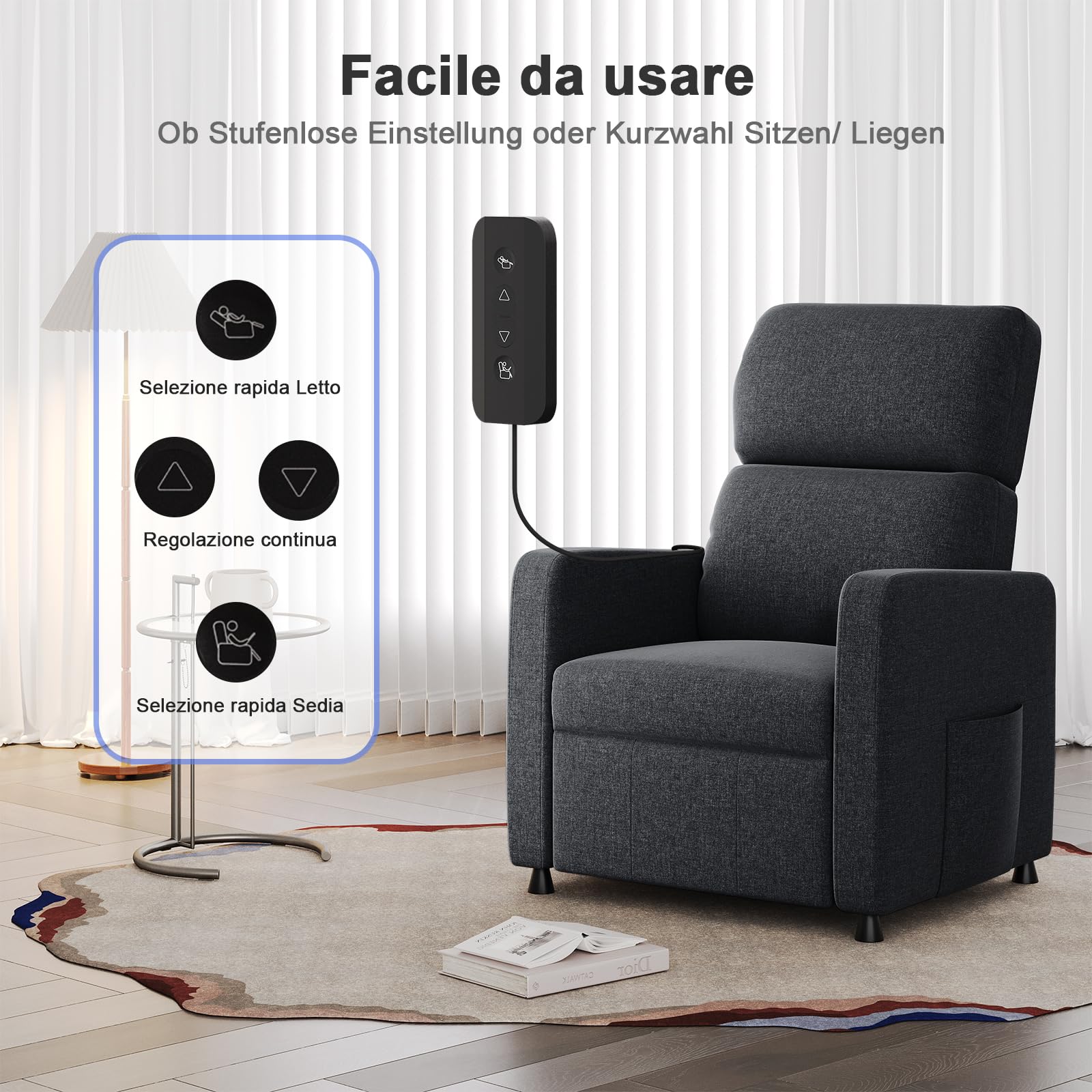 JUMMICO Poltrona di Relax Elettrica Reclinabile con Schienale Regolabile, Poltrona TV, per Camera, Soggiorno e Home Cinema, in materiale lino