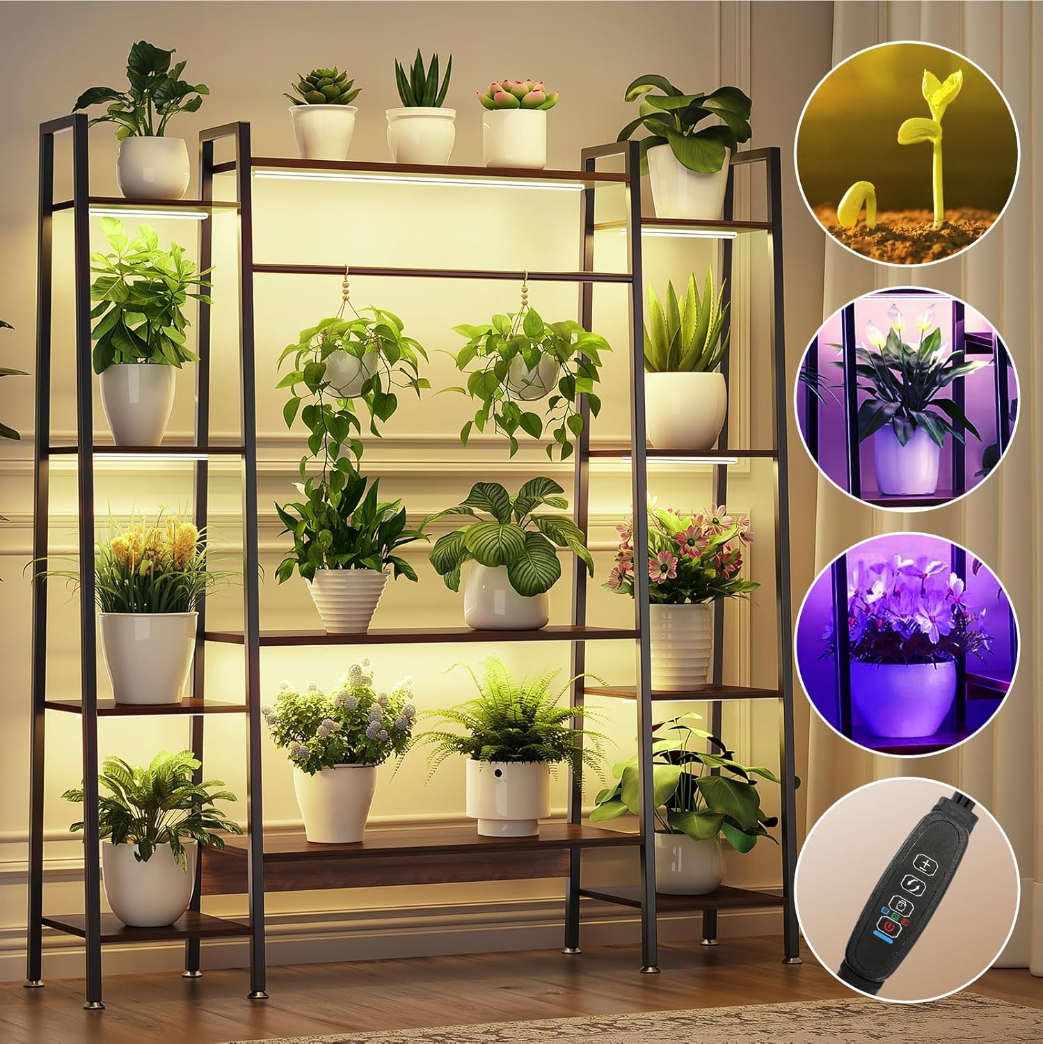 55" Large Plant Stand Indoor with 8 LED Grow Lights (3 Modes & Auto Timer) - 12 Tiered Metal Plant Shelf, 10 Dimmable Brightness Levels, Flower Stand Display Rack Black 47"W X 55"H