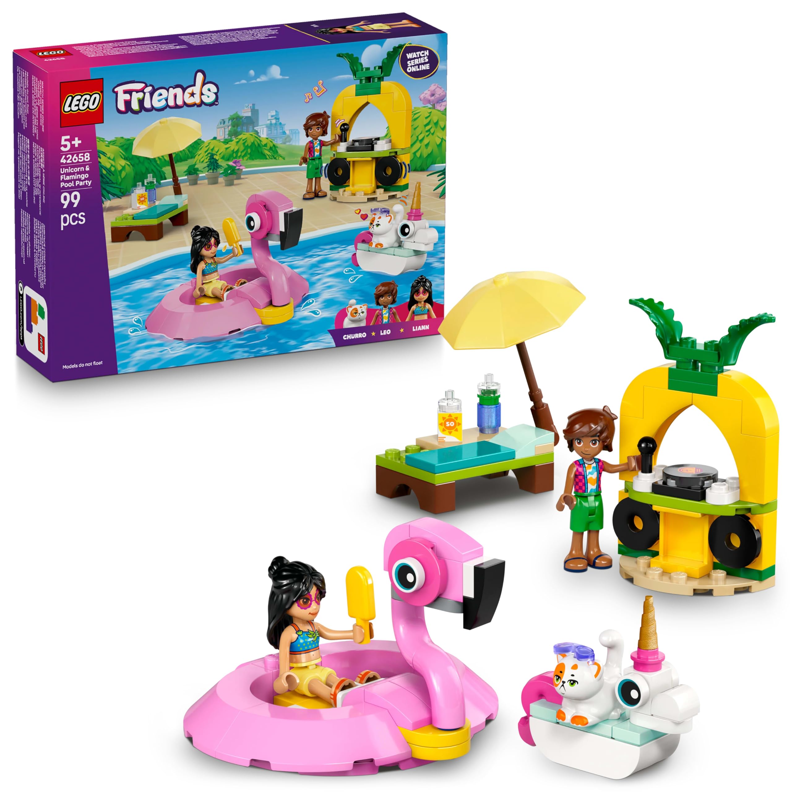 LEGO Friends Unicorn & Flamingo Pool Party Toy with Animal 'Floaties', 2 Mini Dolls