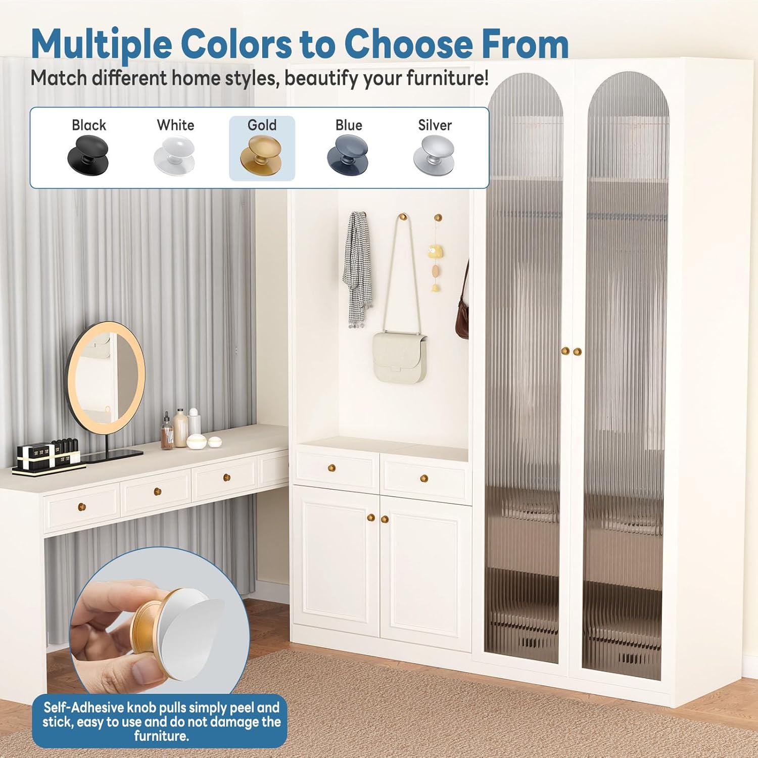 40-Pack Self-Adhesive Cabinet Knobs, No-Drill Self-Stick Drawer Knobs for Dressers, Kitchen, Glass Cabinets, Closets - Strong Adhesive Round Stainless Steel Stick on Handles (40, Gold)