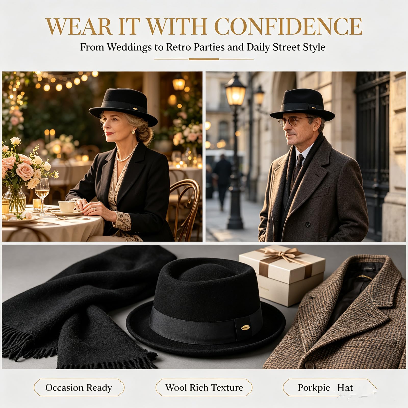 HEYANN Wełniany kapelusz wieprzowy dla mężczyzn i kobiet – krótki daszek Fedora w stylu lat 20. XX wieku melonik zimowa ciepła filcowa czapka vintage męska wieprzowina czapki Fedora M (56-58 cm)