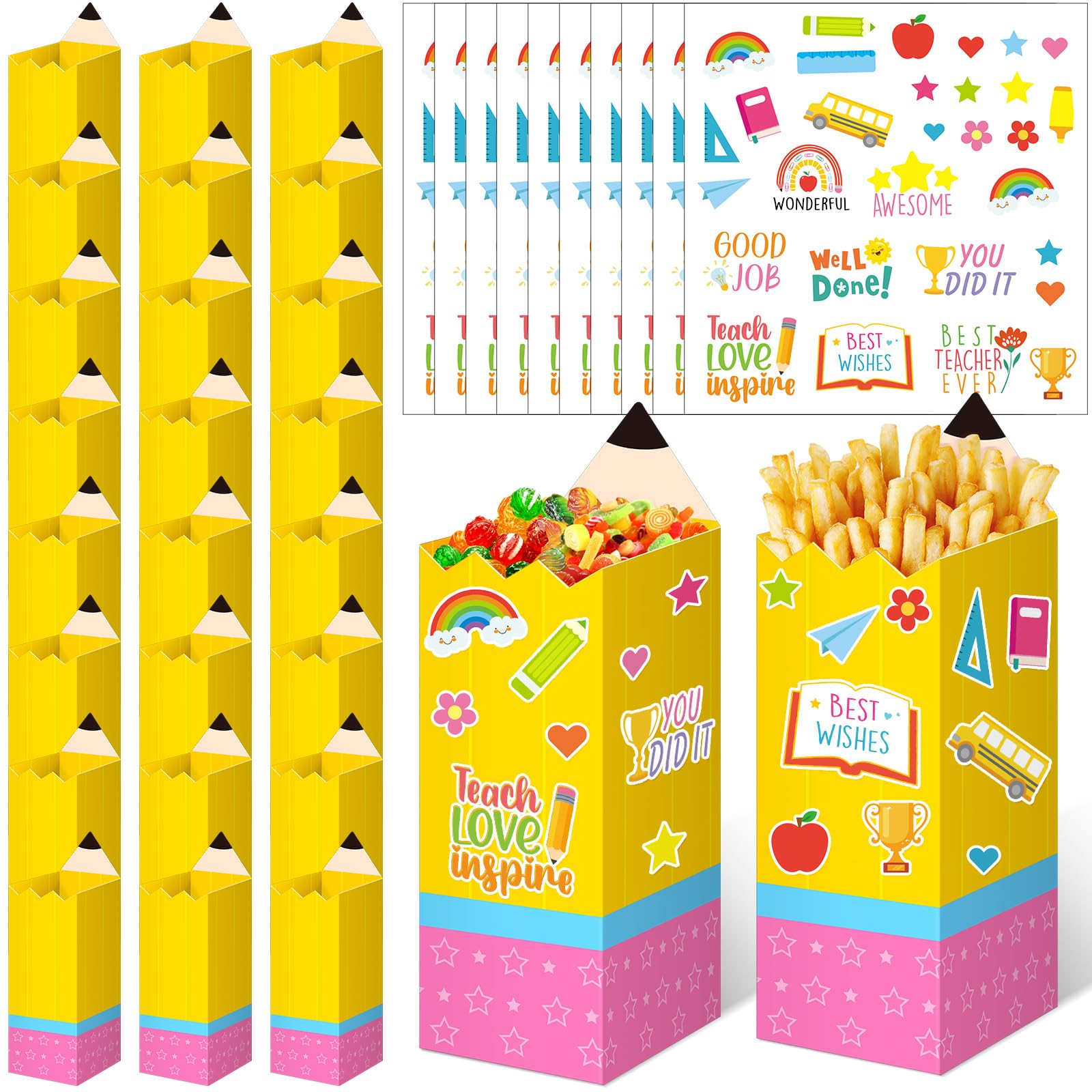 Pasimy 24 Pack Back to School Pencil Treat Boxes with Stickers Popcorn Holders Teacher Appreciation Pencil Candy Boxes for Back to School Decorations(