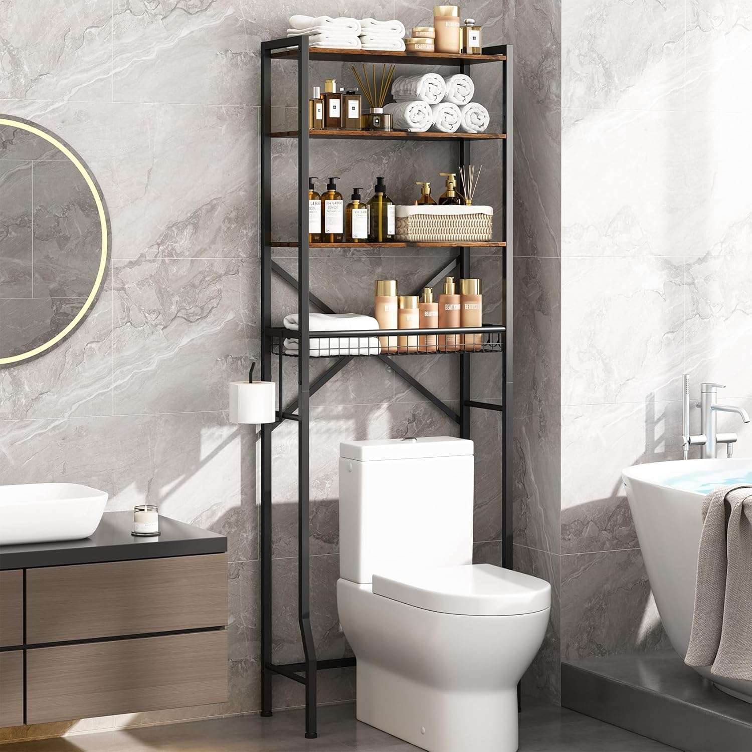 Over The Toilet Storage Rack, 4-Tier Bathroom Organizers and Storage with Adjustable Shelf, Freestanding Above Toilet Shelves for Bathroom & Laundry, Space Saver, Brown
