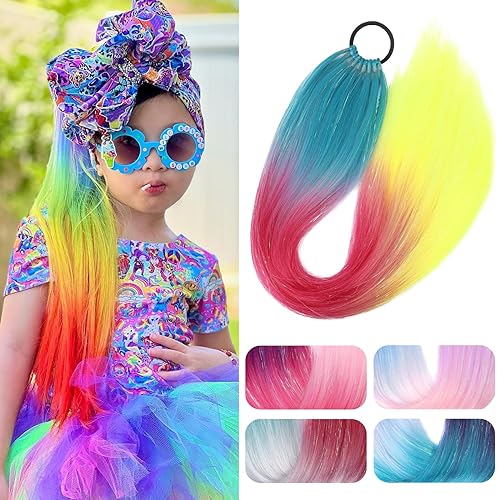 SEIKEA Extensiones coloridas de cabello para niños, 26 pulgadas, 9 hebras, mezcla de cola de caballo con mechón para el cabello, accesorios de día