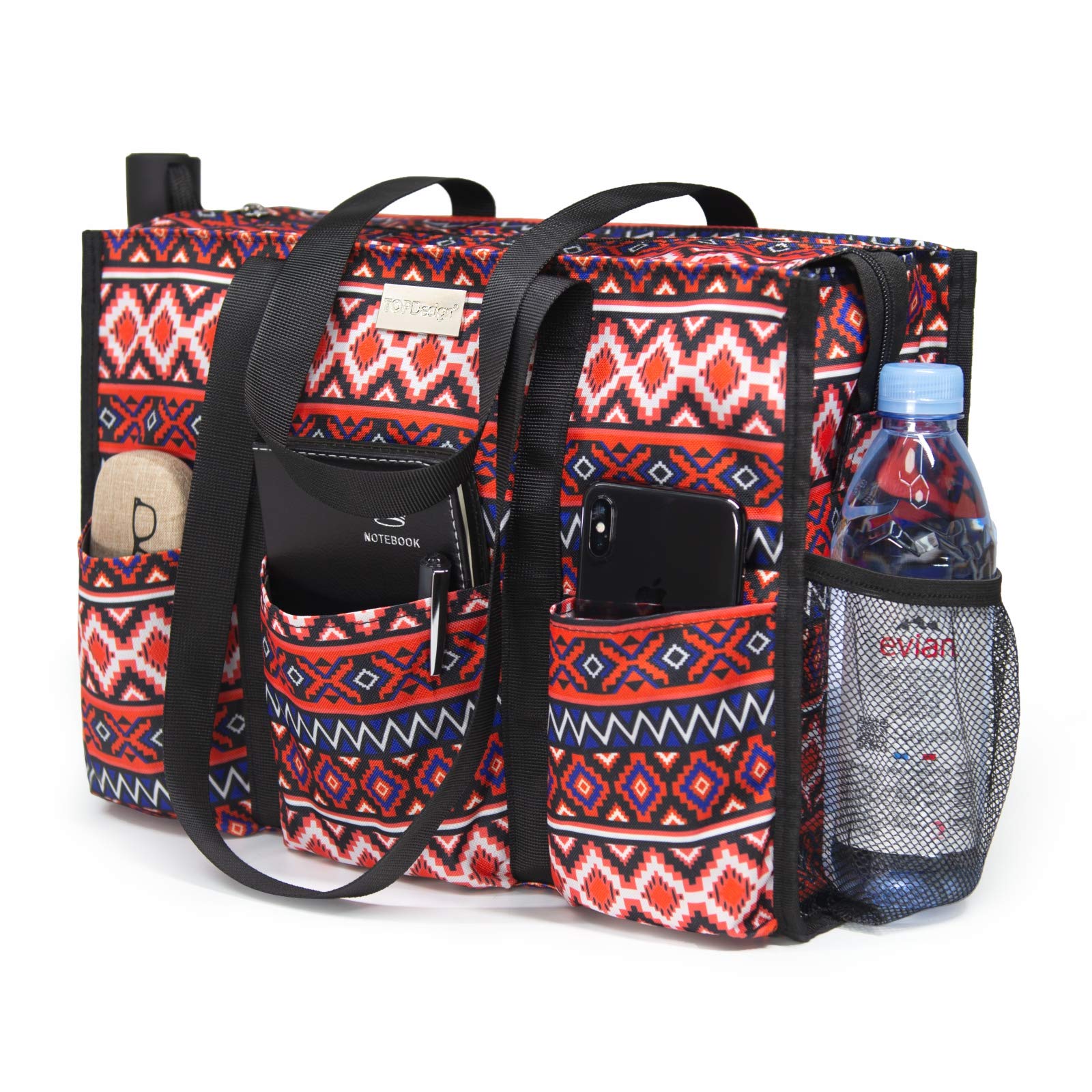 TOPDesign Utility Water Resistant Tote Bag with 13 Pockets, Zipper Closure