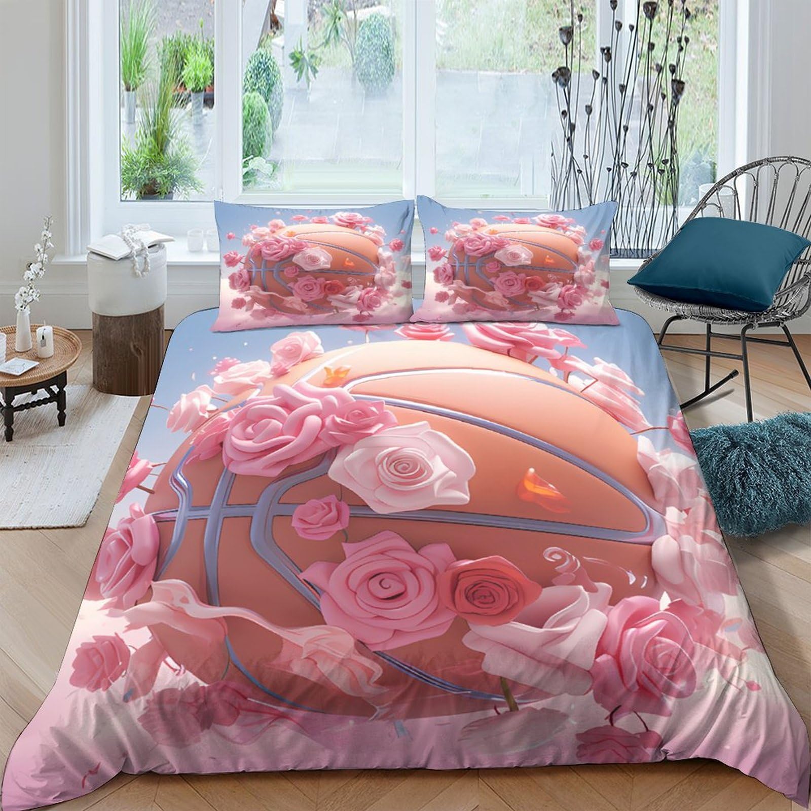Ctjqhvkz Style-2 3D Printed Pink Rose Basketball Fitted Sheet Microfiber Soft Anti-Slip Bed Cover For Bedroom Guestroom Decor Single（135X200cm）
