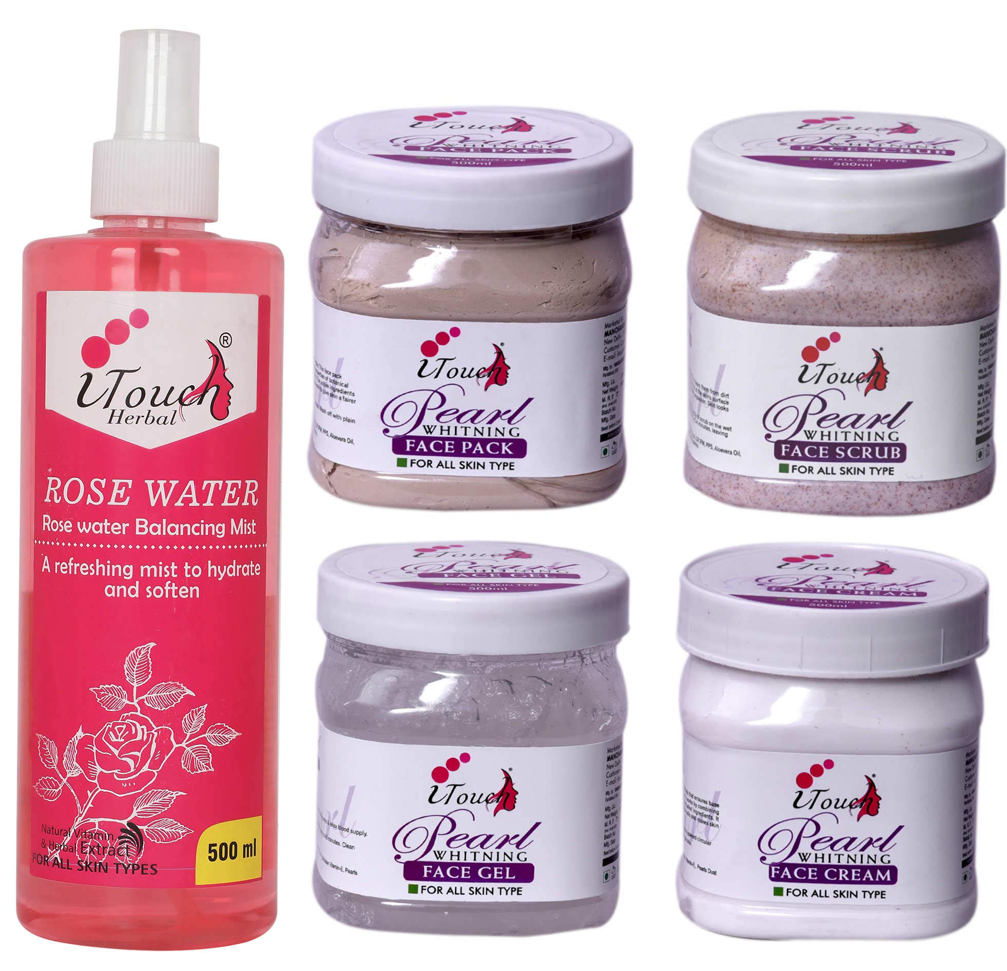 I TOUCH HERBAL PEARL SKIN WHITENING SCRUB , CREAM , PACK , GEL 500 ML X 4 + ROSE WATER 500 ML