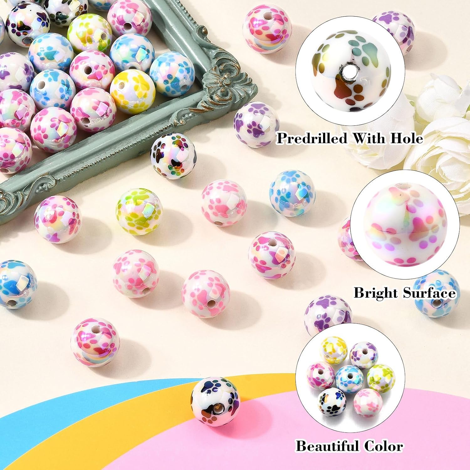 LiQunSweet 50 pcs AB Color 15.5mm Paw Print Round Acrylic Beads Cat Pet Claw Chunky Bubblegum Beads for DIY Jewelry Bracelet Necklace Earring Crafts Bag Keychain Phone Decor image 3