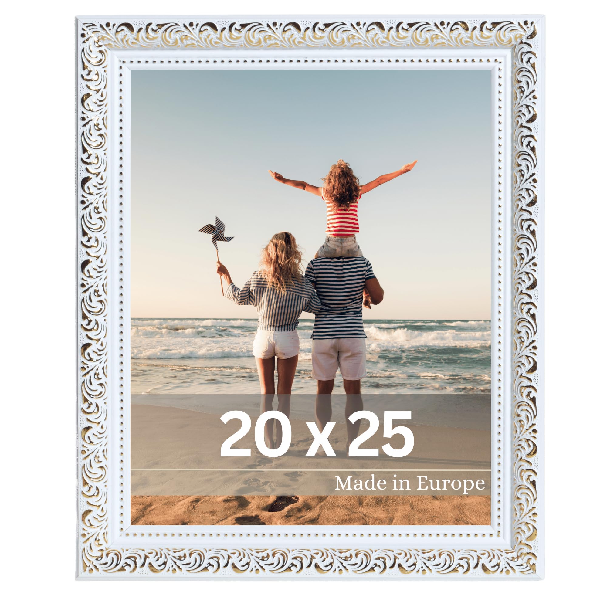 VictoR vintage Bilderrahmen „Rubens“ in 20x25 cm weiß gold - Leiste: 30x20mm - Echtglas - Fotorahmen barock - antik - Bilderrahmen 20x25 weiß