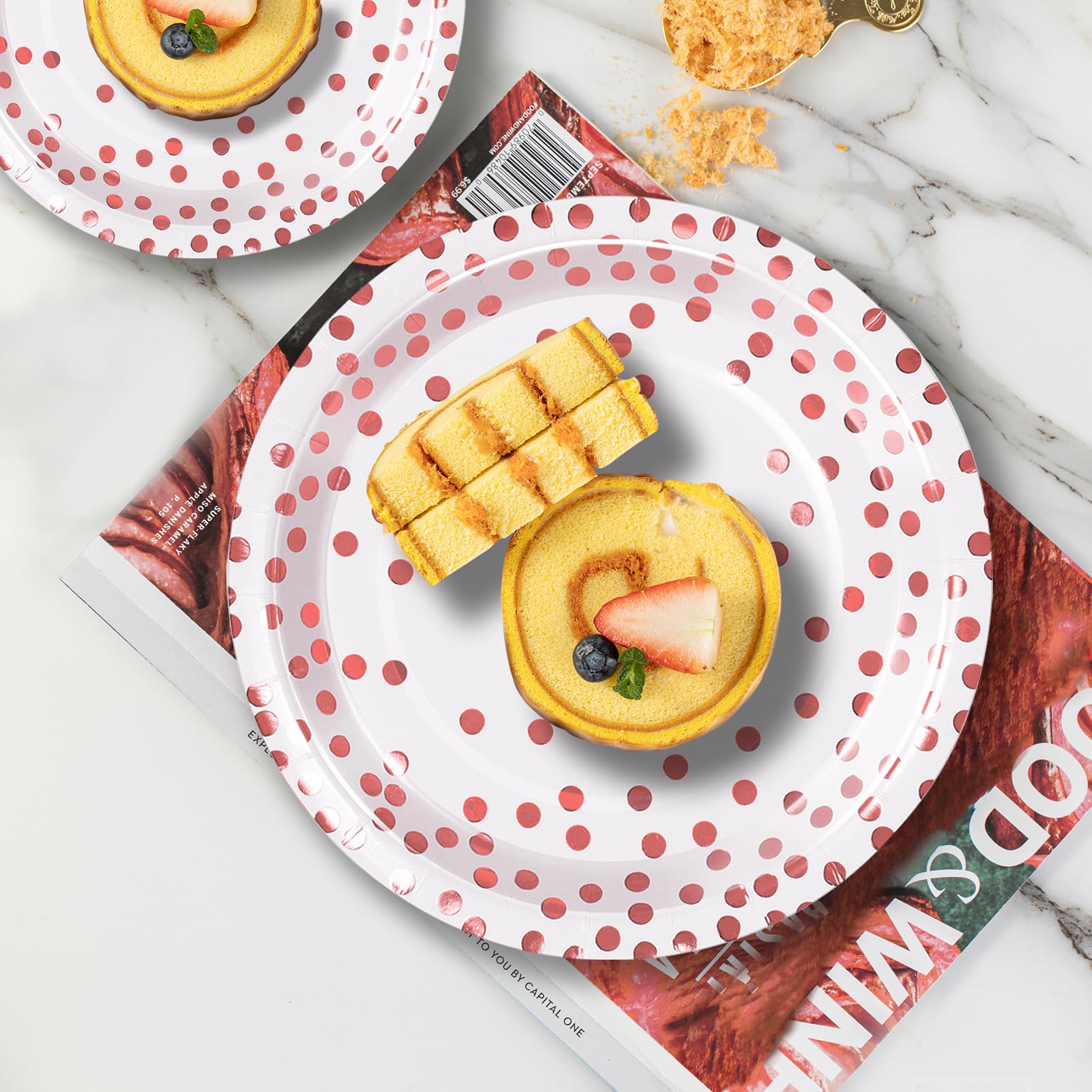 PYAILI Party Paper Plates, 50-Pack Disposable White and Rose Gold Plates, Foil Polka Dots, 18 Centimetres-7 Inch - Image 4
