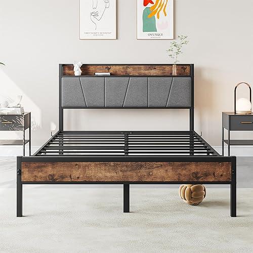 Miniatura 12 de Anwick Cama Queen de metal, base de cama industrial tamaño Queen con cabecera y 2 puertos USB, base de colchón resistente con almacenamiento debajo