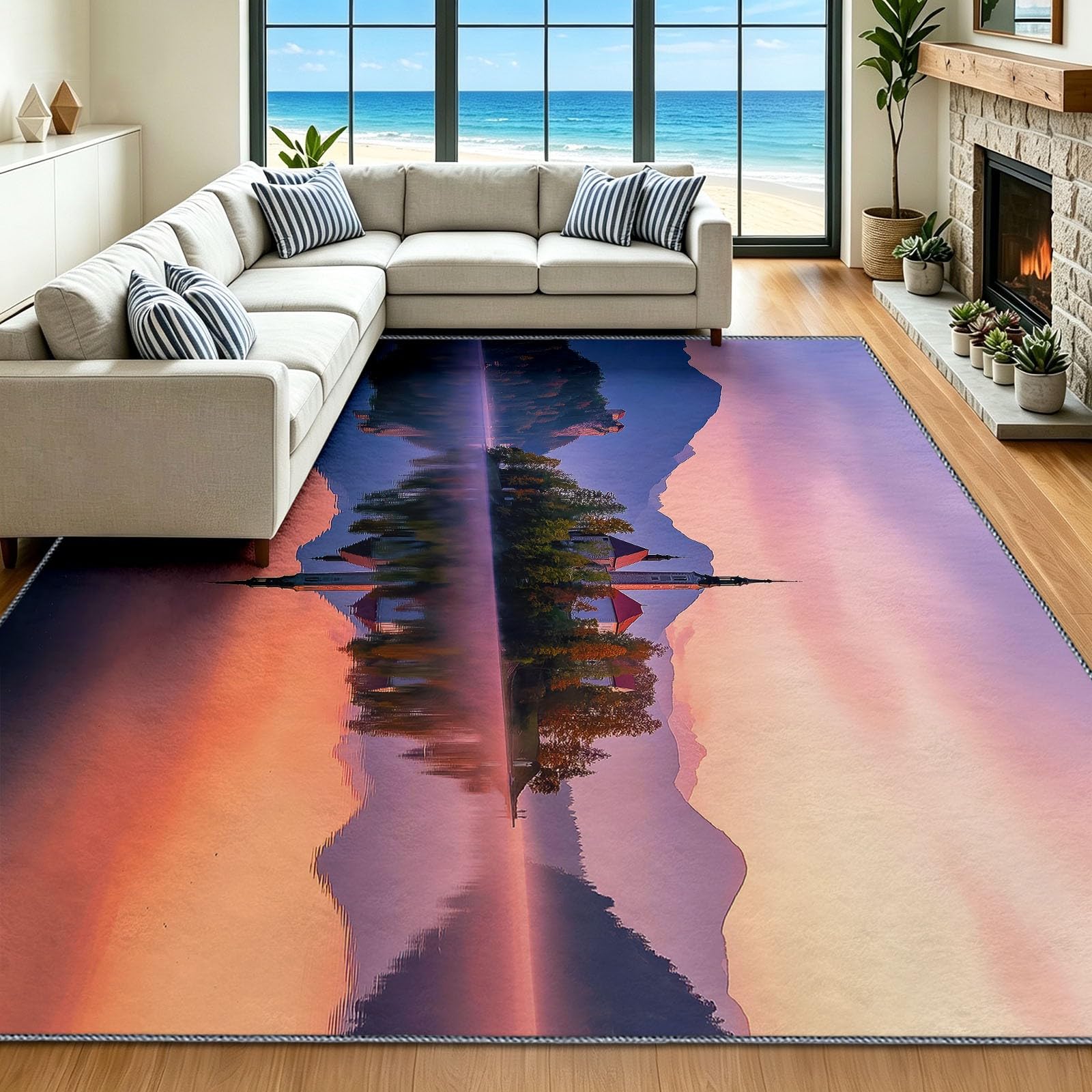 Alfombra Salón Esponjosa 120 x 170 cm Natural Paisaje, Moqueta de dormitorio antideslizante lavable – Ultra suave con cerdas Ras, Castillo Isla Lago Puesta de sol – Gran alfombra para interior comedor