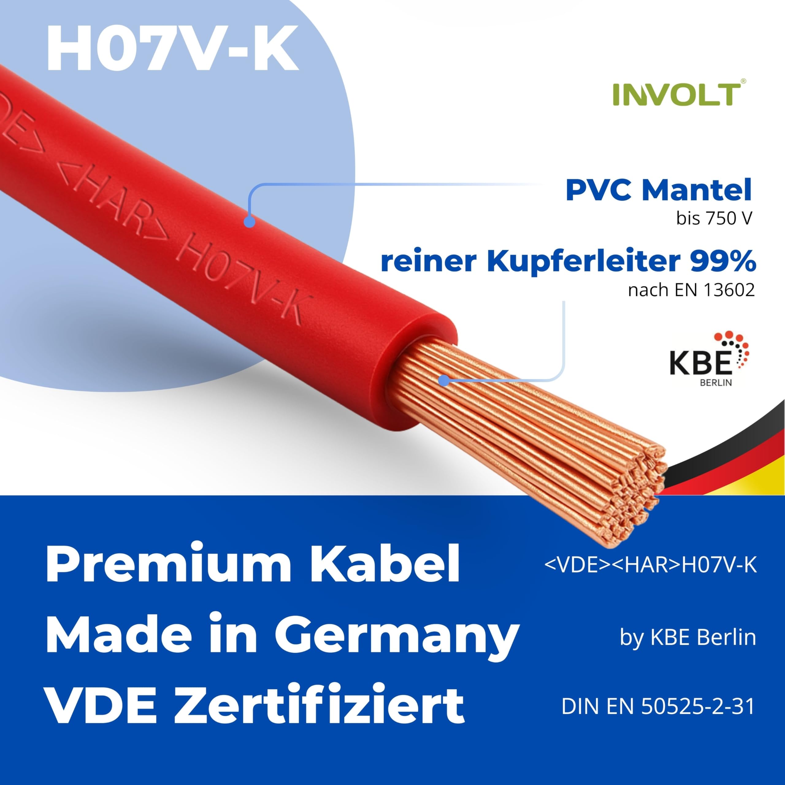INVOLT H07V-K 10 mm² Verdrahtungsleitung 5 x 2m Set Einzelader Schwarz Blau Braun Grau Grün-Gelb mit Aderendhülsen Spannungsprüfer