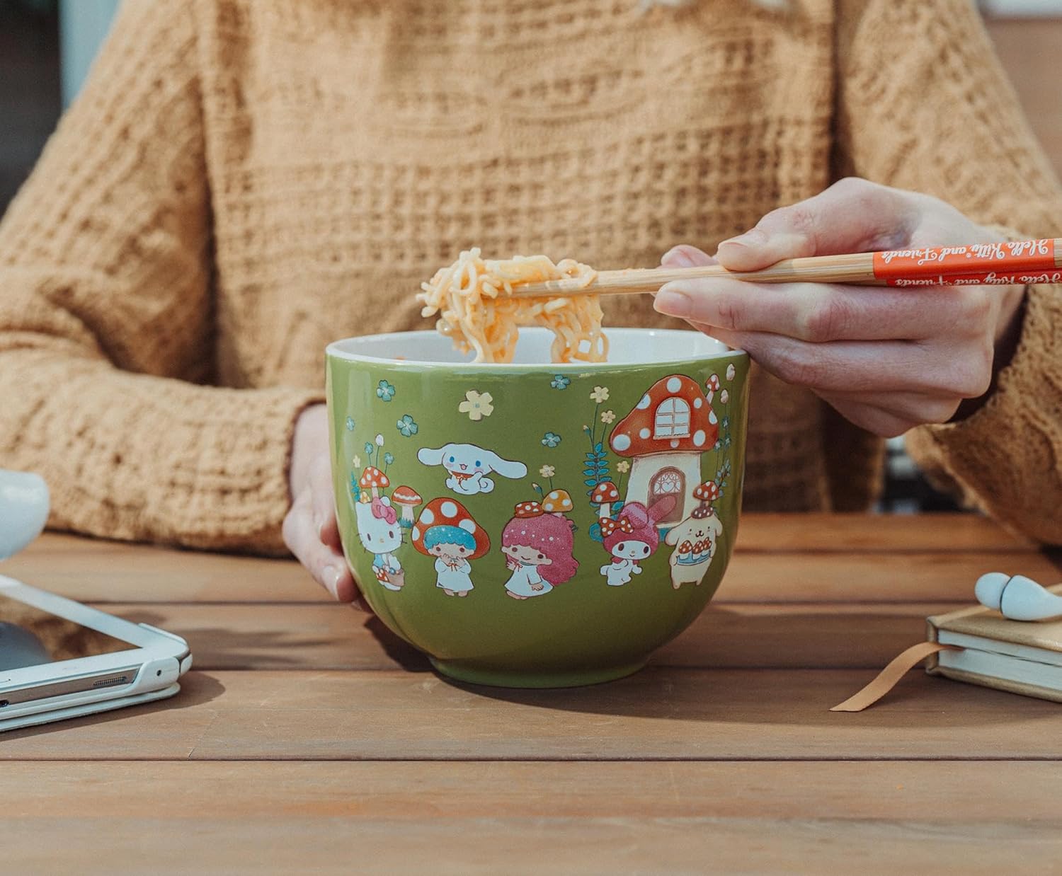 Silver Buffalo Sanrio Hello Kitty and Friends Mushroom Crew Ceramic Dinnerware Set | Includes 20-Ounce Ramen Noodle Bowl and Wooden Chopsticks | Asian Food Dish Set For Home & Kitchen - Image 8