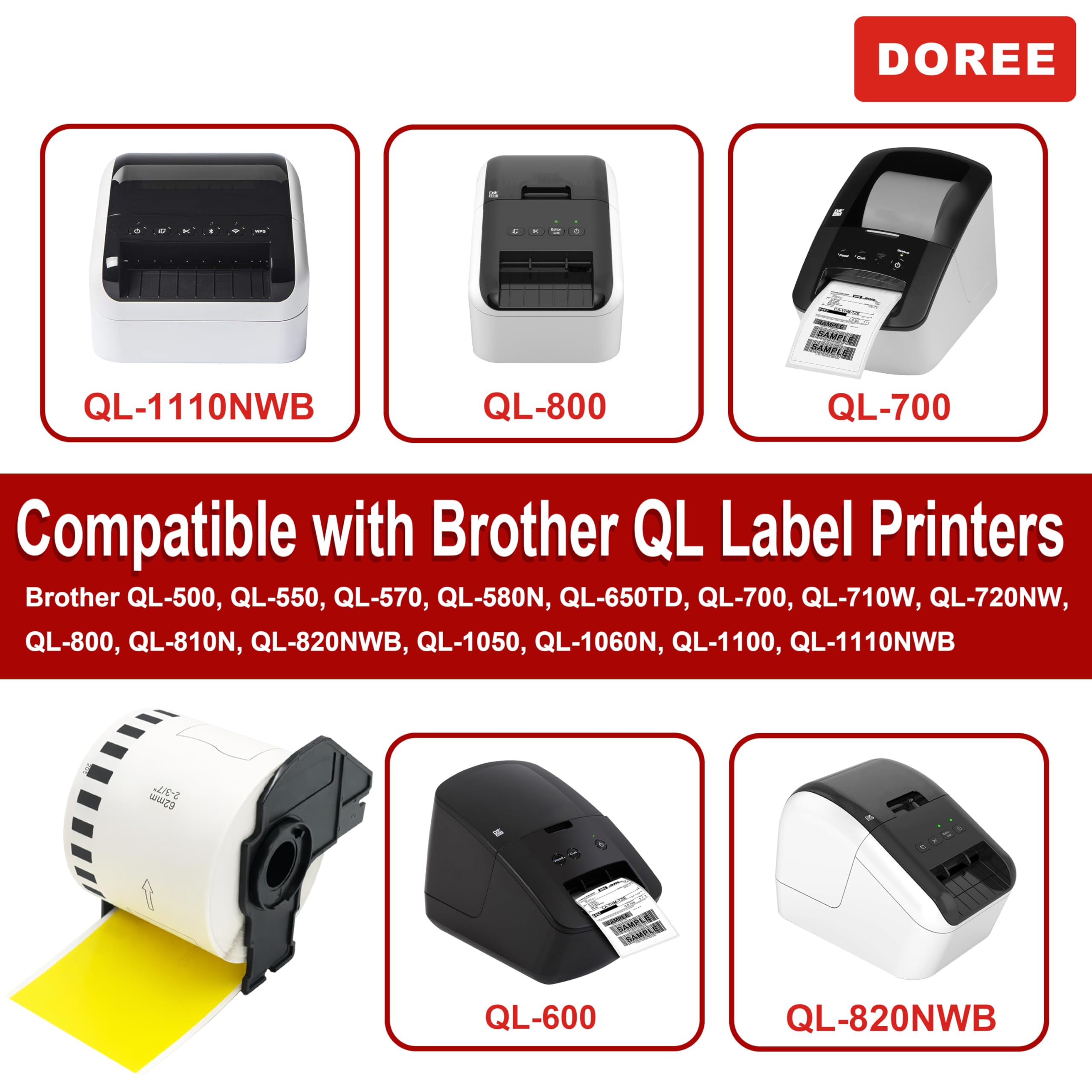 DOREE 4 Rollen DK-22205 gelbe Endlosetiketten, kompatibel mit Brother DK-22205, 62 mm x 30,48 m, geeignet für Brother QL-500, QL-550, QL-570, QL-580N, QL-700, QL-800, QL-1060N, QL-1100